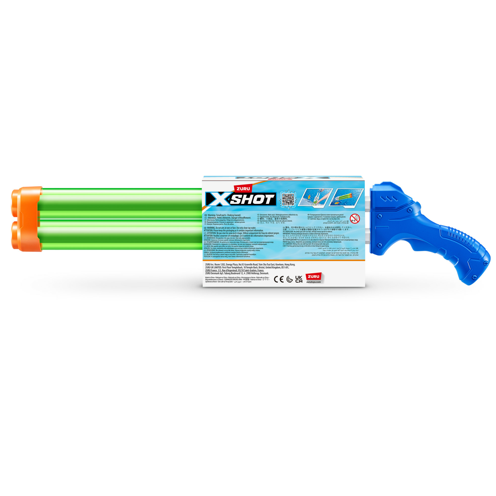 Spielzeugpistole, blauer Griff, grüne Läufe, weiße Box mit Text, weißer Hintergrund.