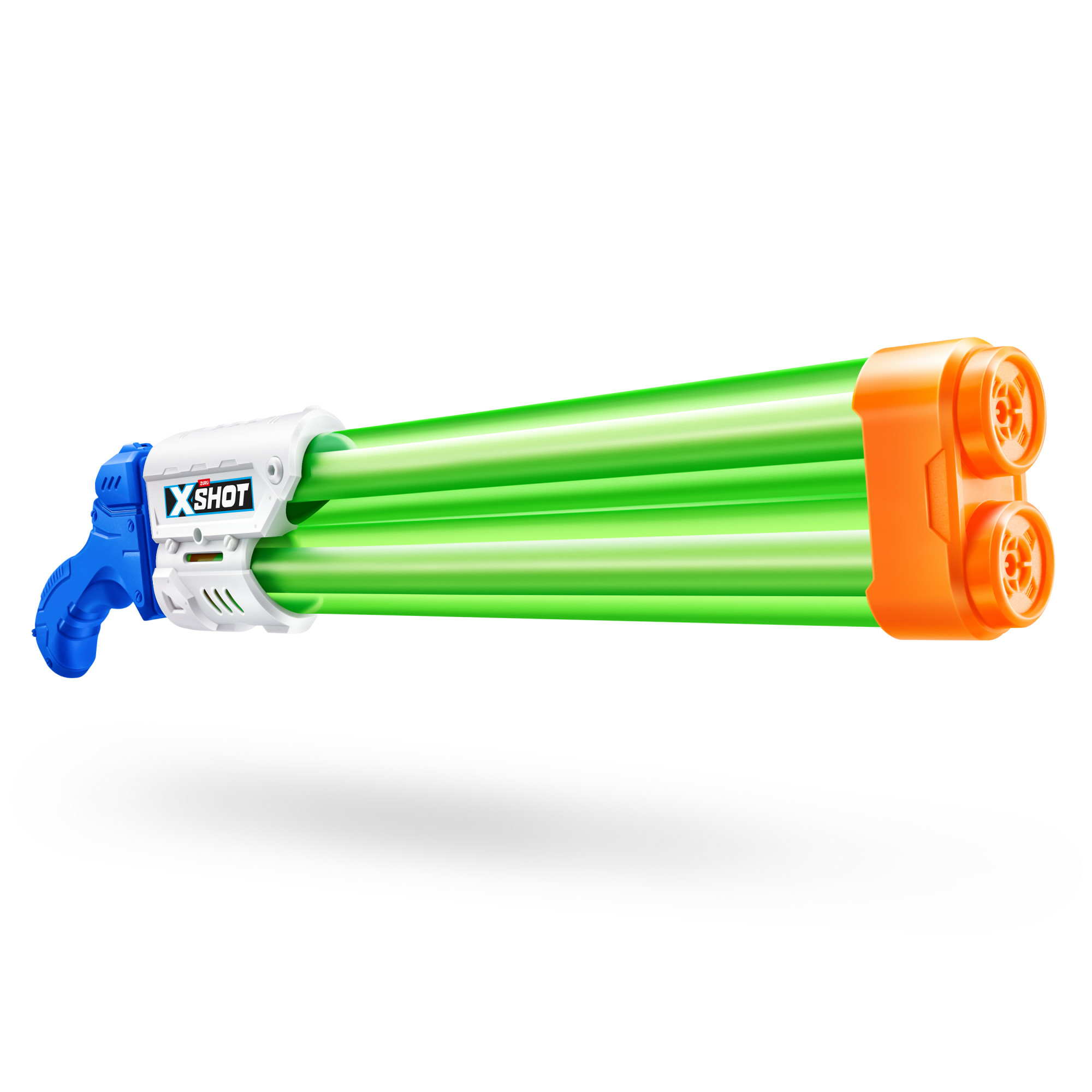 Spielzeugpistole mit grünen Lichtstrahlen; weißer Körper, orange Akzente, weißer Hintergrund.