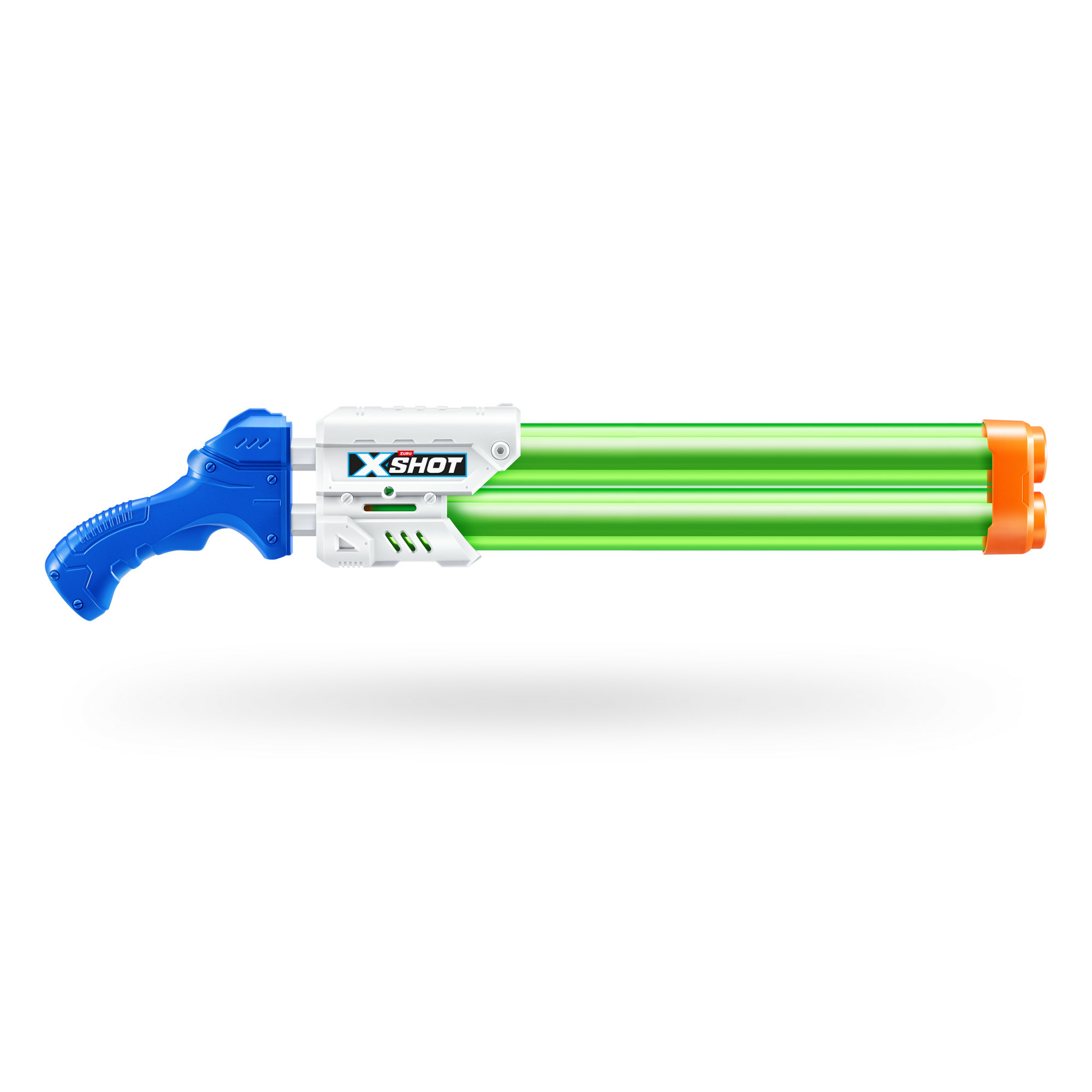 Ein Wasserspielzeug in Weiß, Blau und Orange, mit grünen Röhren und dem Text "X-SHOT".