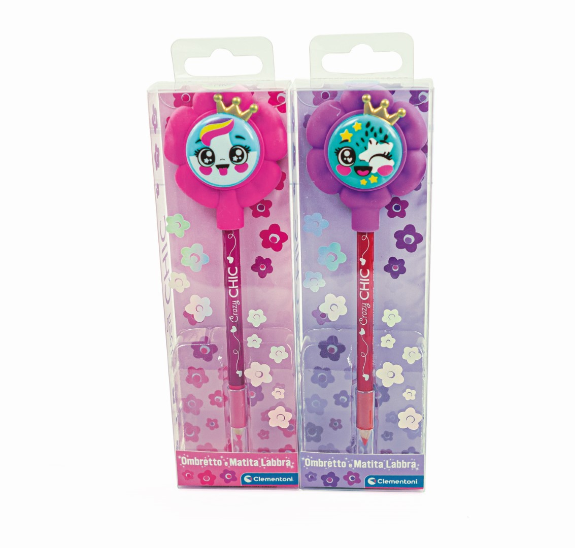 Dwie kredki do ust w kształcie kwiatów w przezroczystych plastikowych etui; jeden różowy i jeden fioletowy.