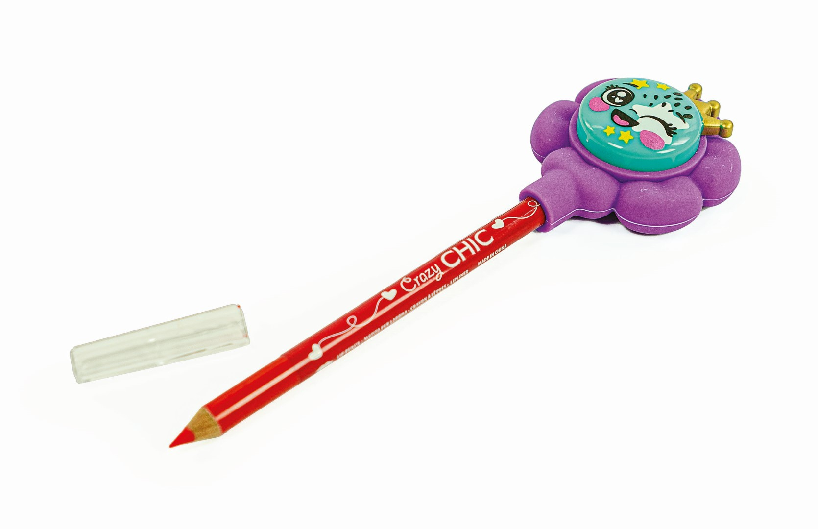 Czerwony ołówek Crazy Chic z fioletową gumką w kształcie kwiatu, leżący na białej powierzchni.