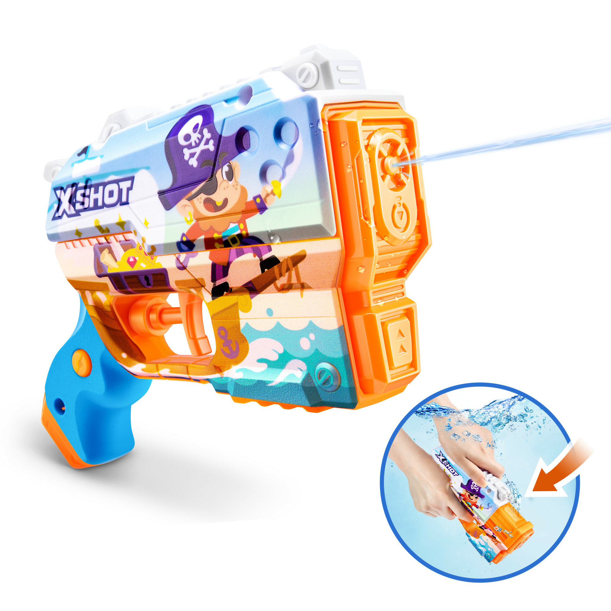 Zabawkowa broń wodna z motywem pirackim; woda strzela z przodu.