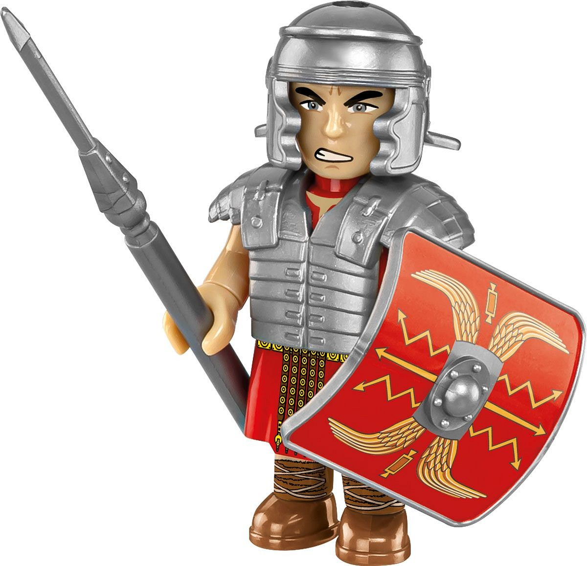 Spielzeug römischer Soldat mit Speer und Schild, bereitstehend. Der Schild hat einen roten Hintergrund.