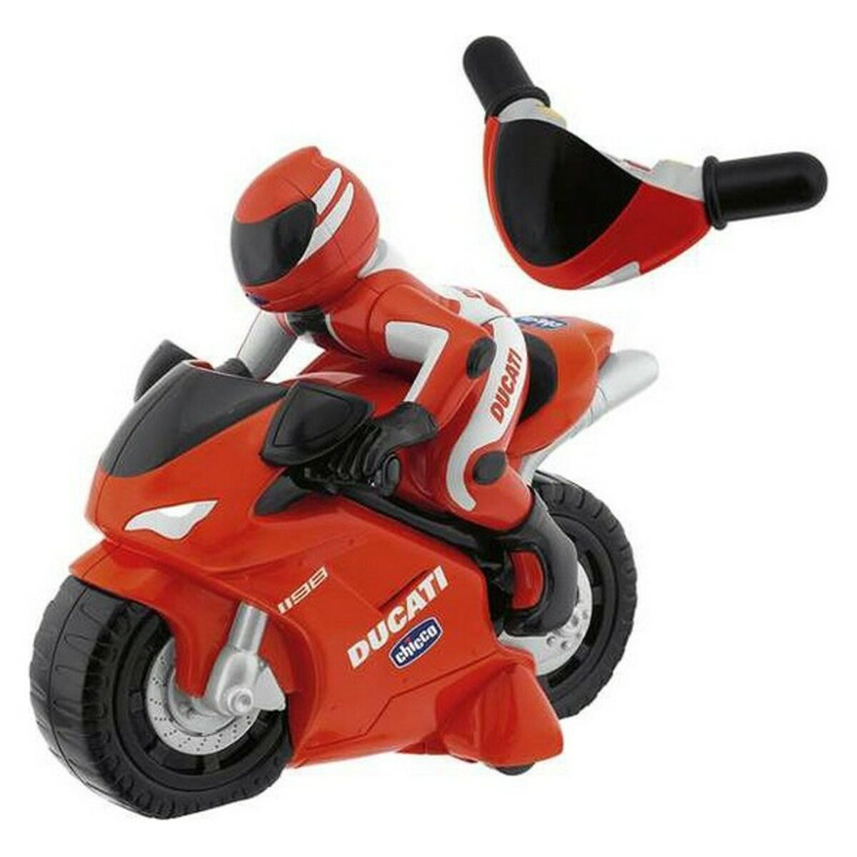 Moto de juguete roja con piloto, manillar suelto, fondo blanco.