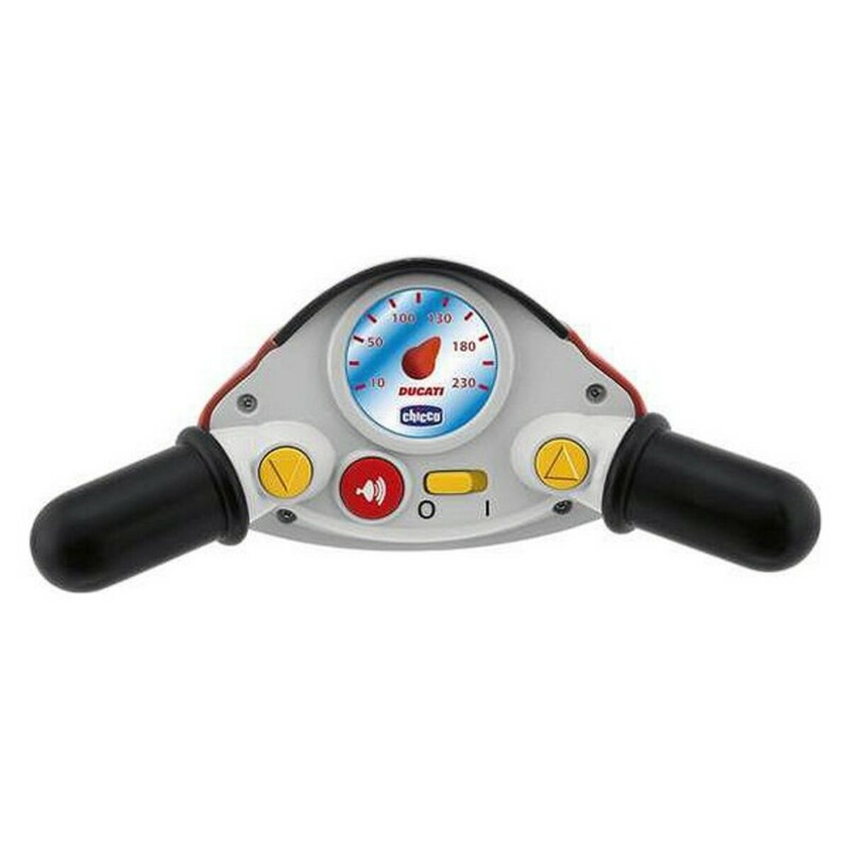 Panel de instrumentos de motocicleta de juguete con medidor, botones y manijas.