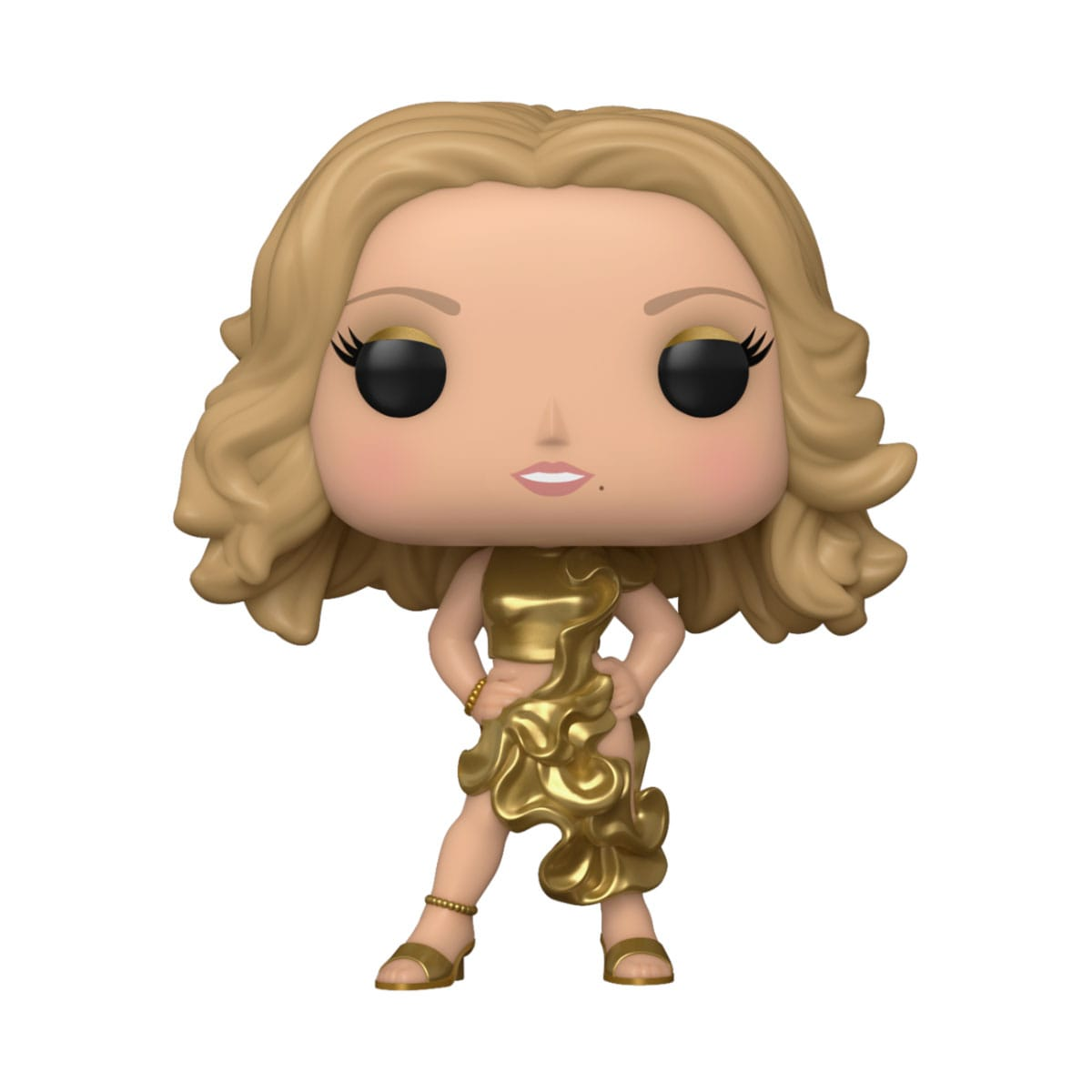 Figurka Funko Pop! Mariah Carey w złotej sukni. Figurka jest na białym tle i ma uśmiech.
