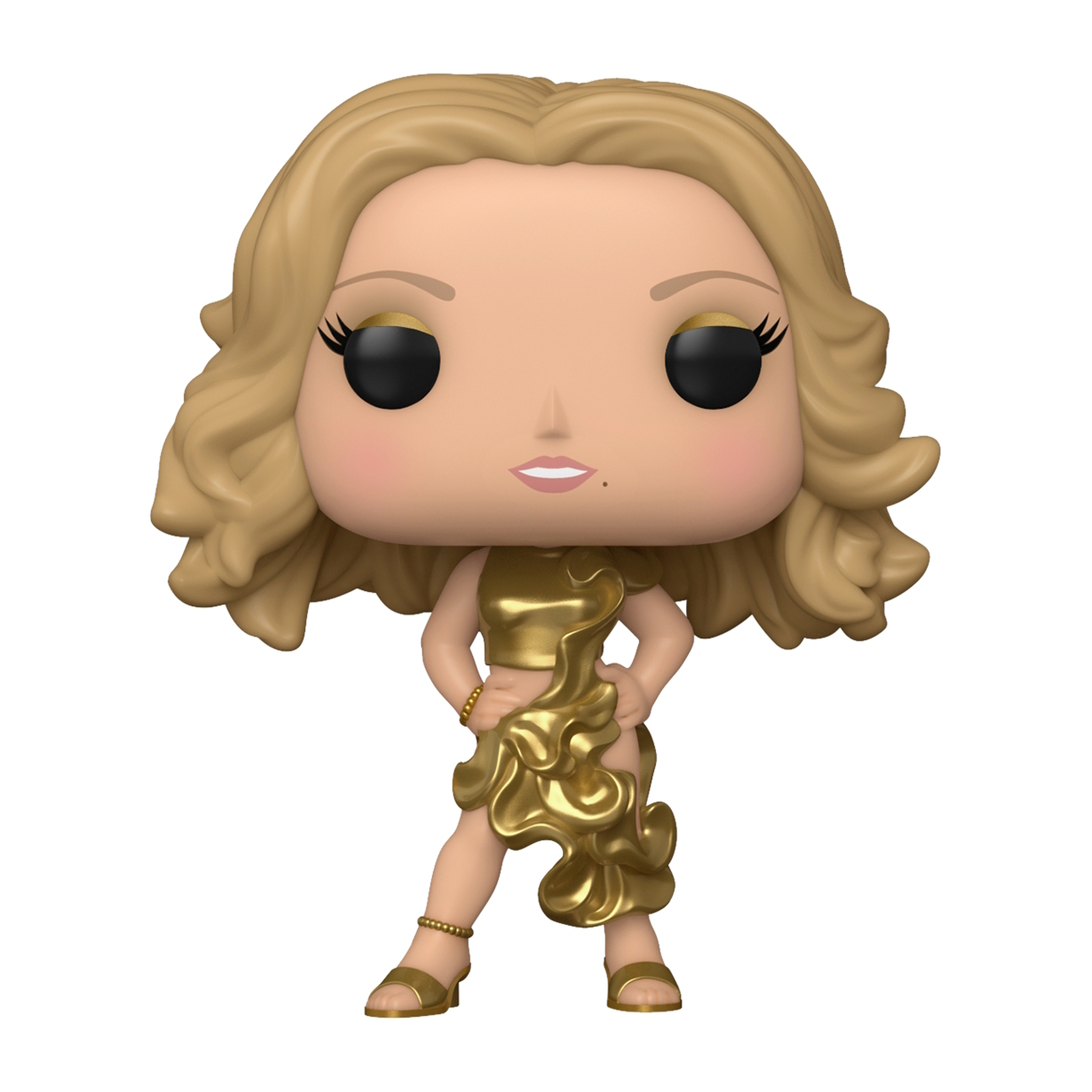Figurka Funko Pop blondynki w złotym stroju, ręce na biodrach, z czarnymi oczami.