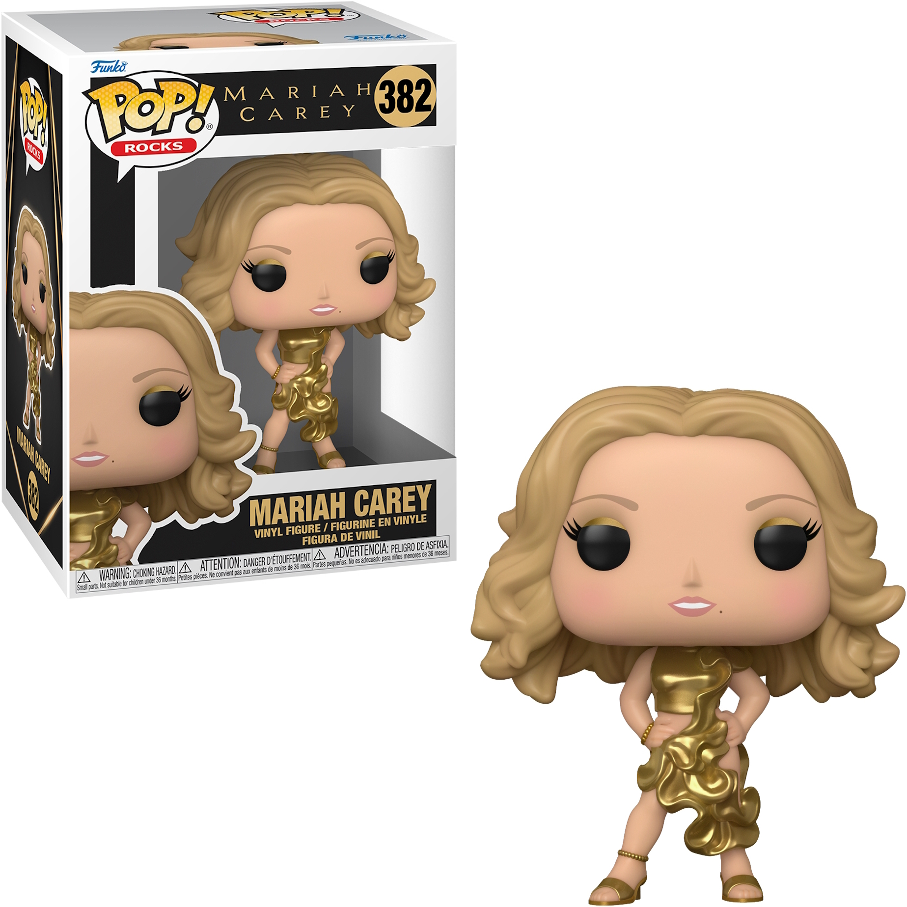 Figurka Funko Pop! Mariah Carey w złotej sukni. Figurka jest w pudełku i na białym tle.