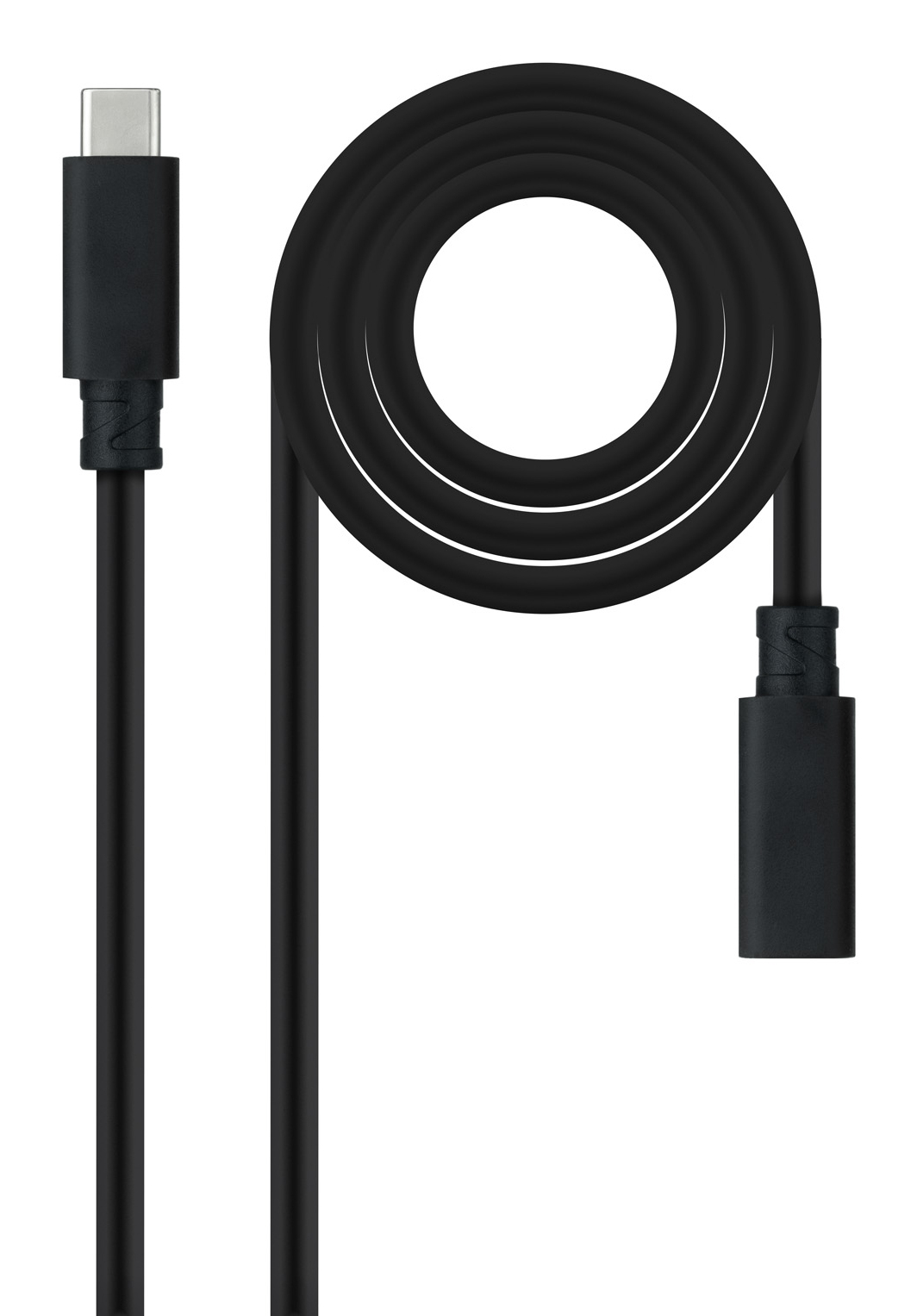 Cavo USB-C nero. Il cavo ha un connettore a ciascuna estremità. Un'estremità è collegata, l'altra è arrotolata. Sfondo bianco.