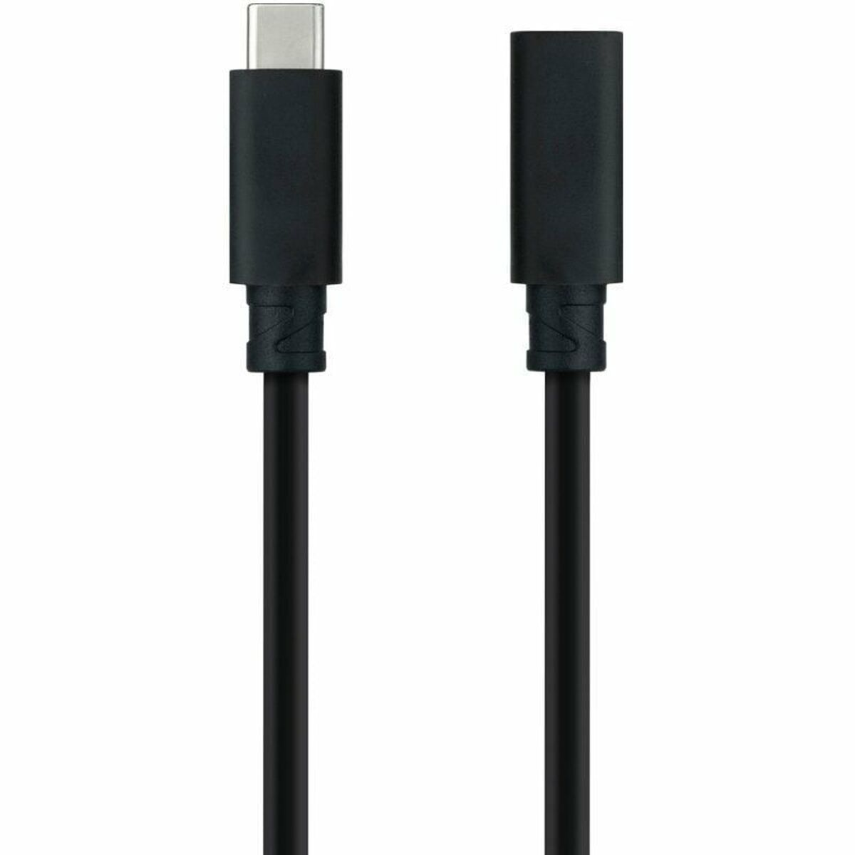 Cavo USB-C nero con connettori ad entrambe le estremità, sfondo bianco.