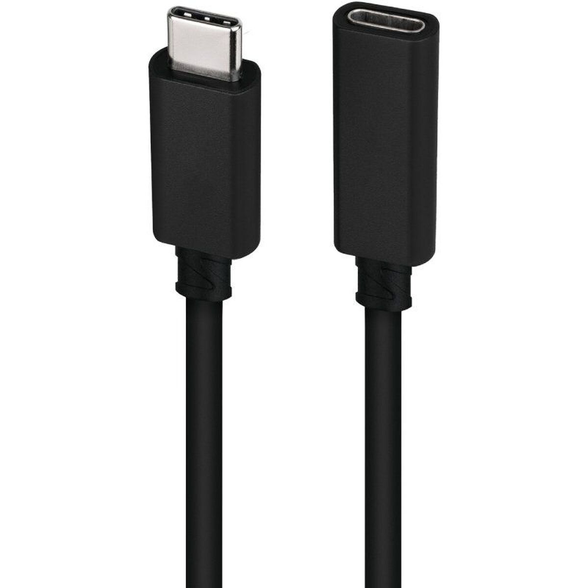 Due connettori USB-C neri con cavi neri, sfondo bianco. Uno è collegato, l'altro no.