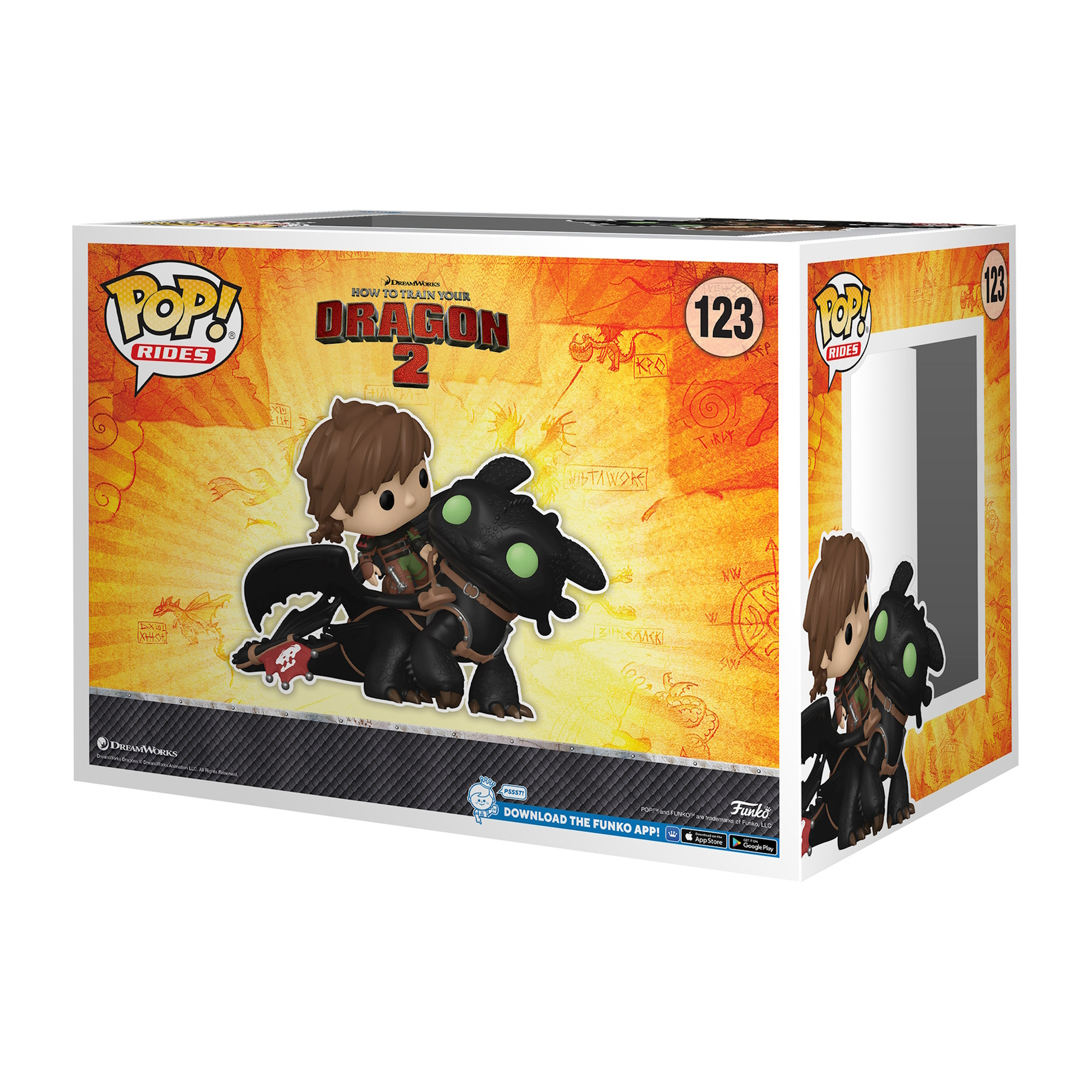 Pudełko Funko Pop z sceną z filmu Jak wytresować smoka 2 z Czkawką i Szczerbatkiem na białym tle.