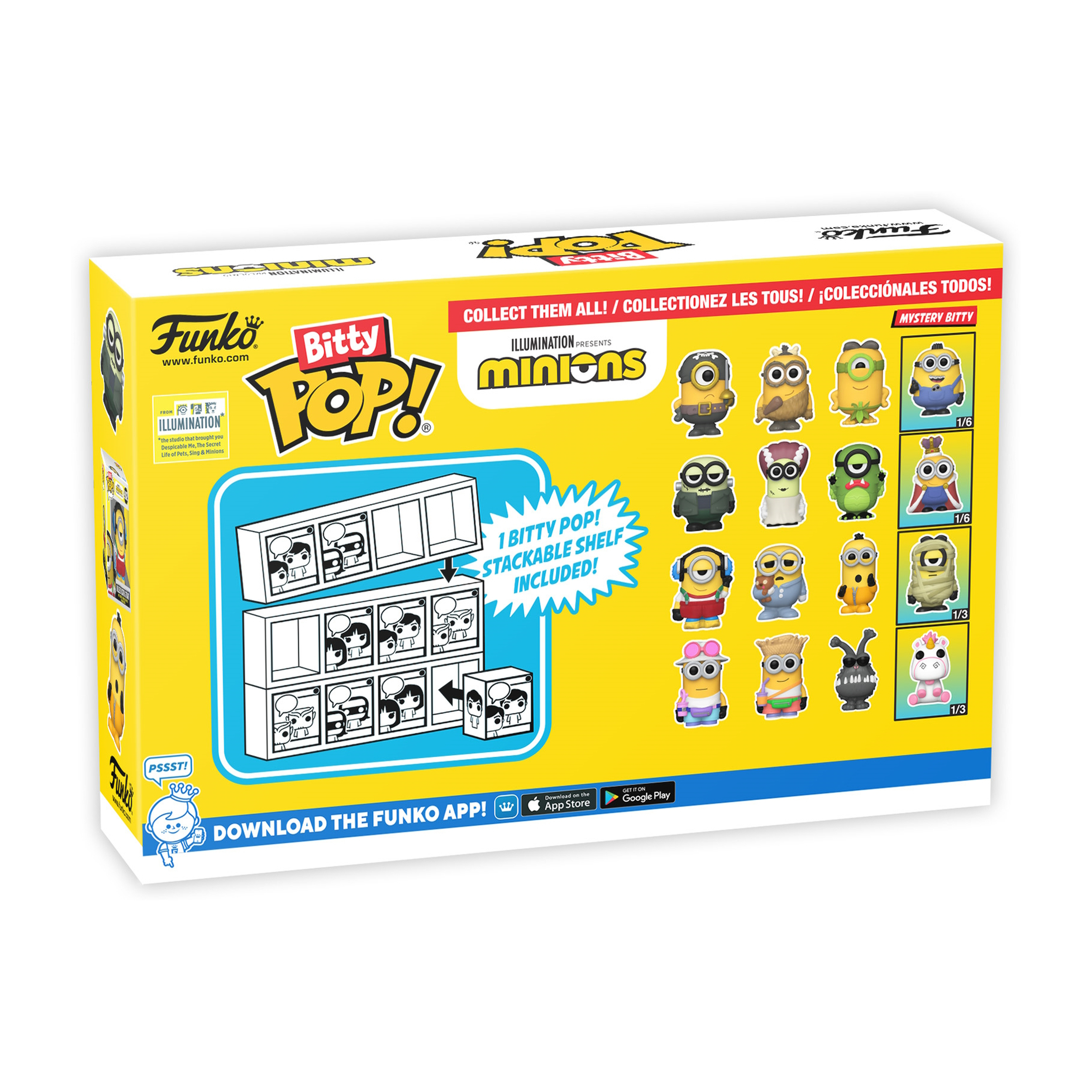 Pudełko Funko Bitty Pop z postaciami Minionków. Pudełko jest żółte z wizerunkami postaci.