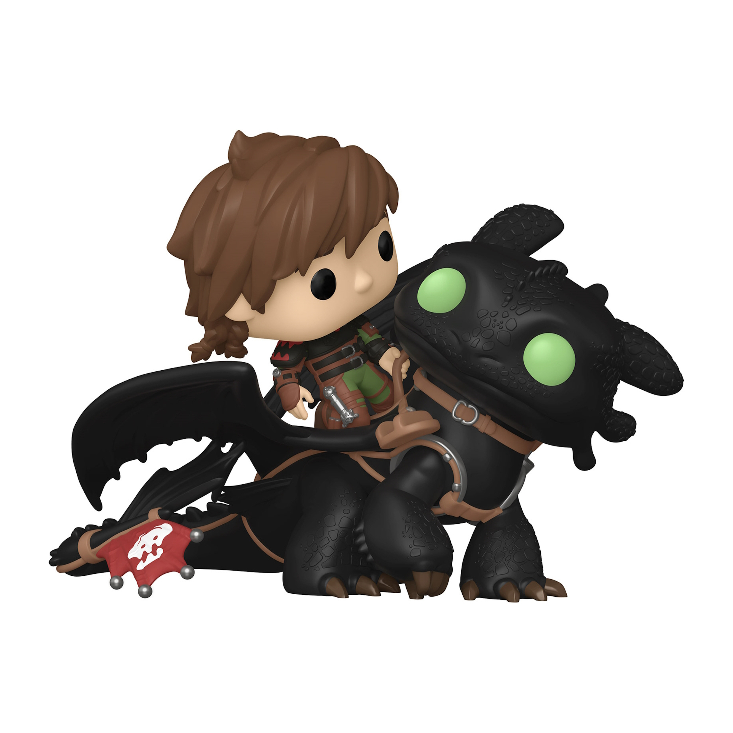 Figurka Funko Pop Czkawki jadącego Szczerbatkiem z filmu Jak wytresować smoka. Są na białym tle.