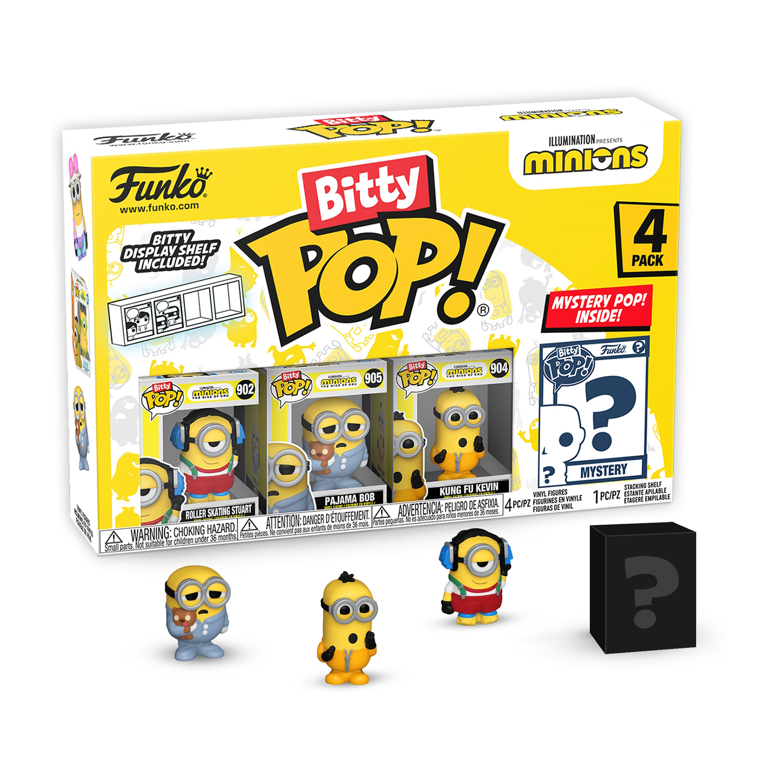 Zestaw Funko Bitty Pop! Minions z czterema figurkami i półką wystawową w zestawie.