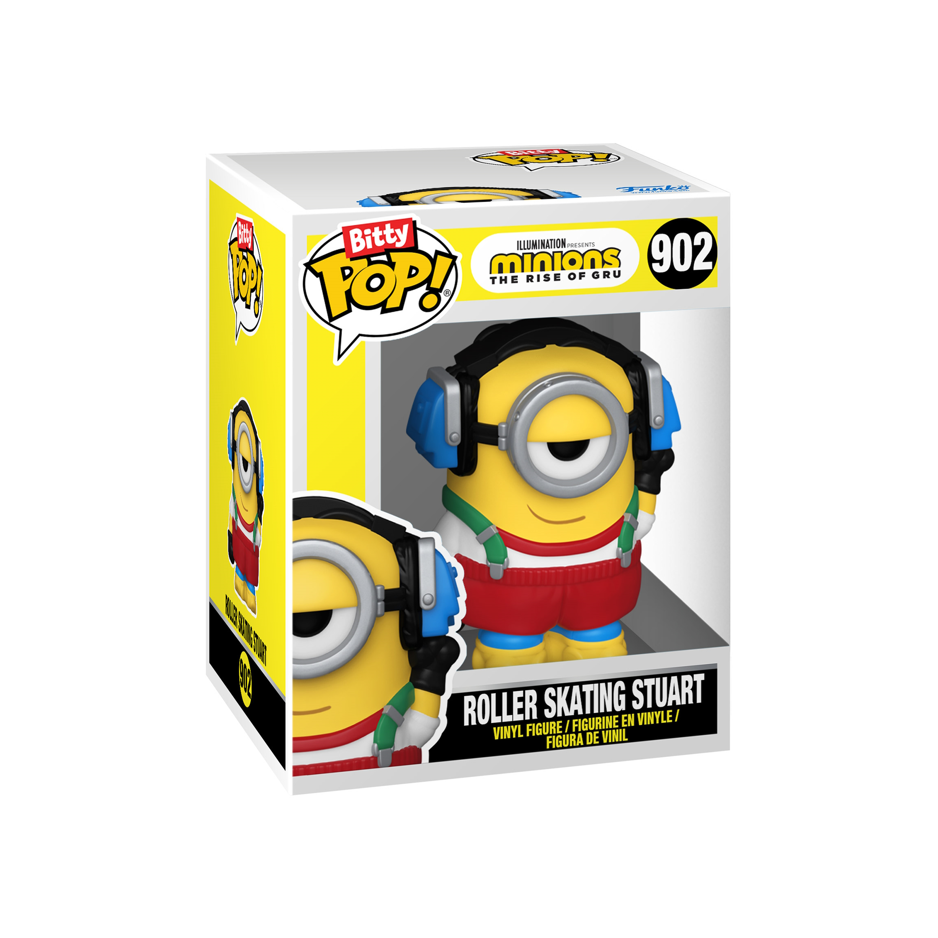 Zabawka Minion w pudełku. Minion ma słuchawki, czerwone spodenki i czerwone szelki. Pudełko ma nazwę filmu.