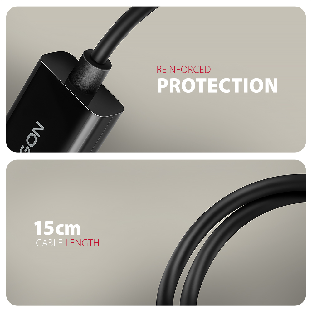 Zbliżenie adaptera. Adapter jest czarny z czarnym kablem. Tekst brzmi: Wzmocniona ochrona. Długość kabla: 15 cm.