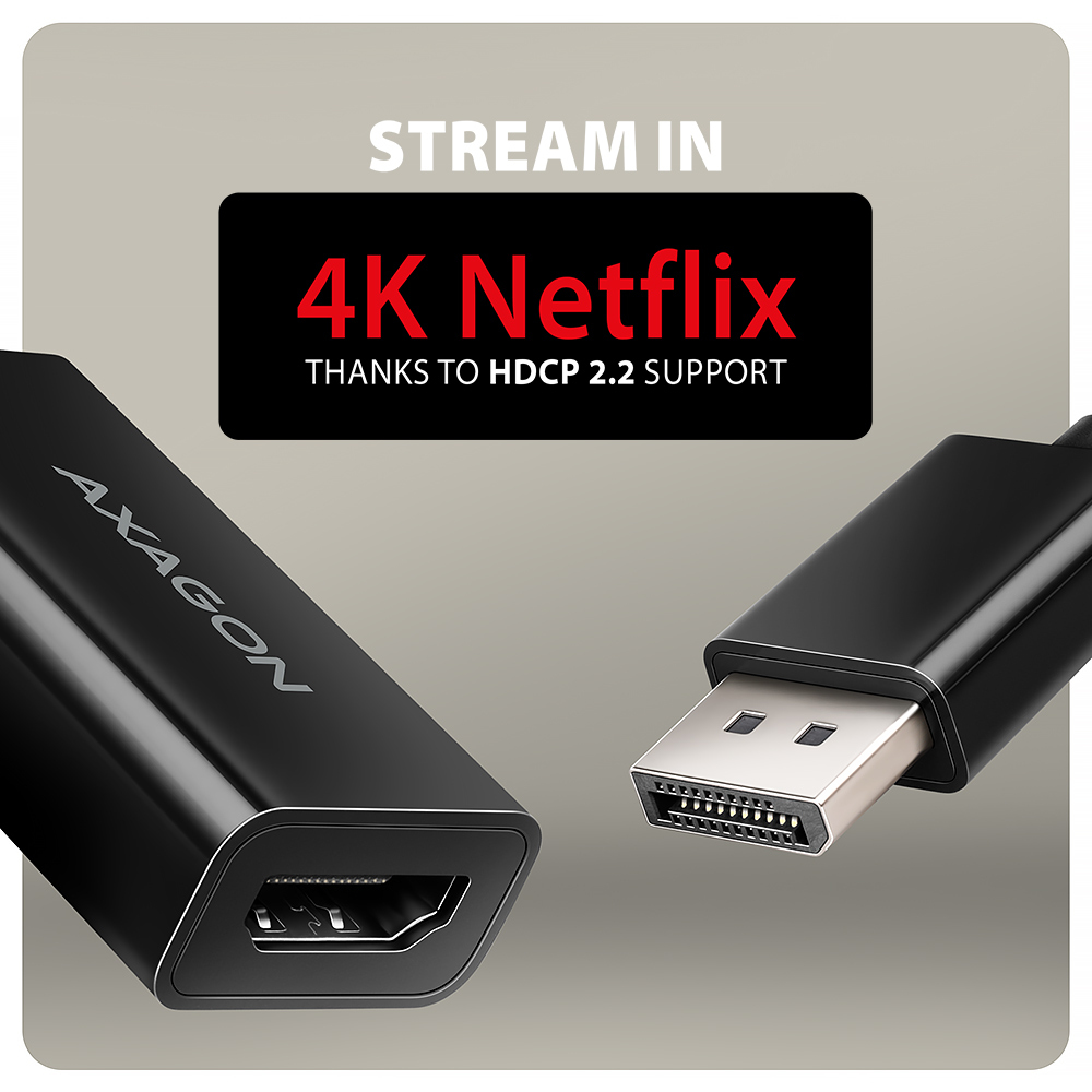 Adapter Axagon z złączami HDMI i DisplayPort do streamingu 4K Netflix.