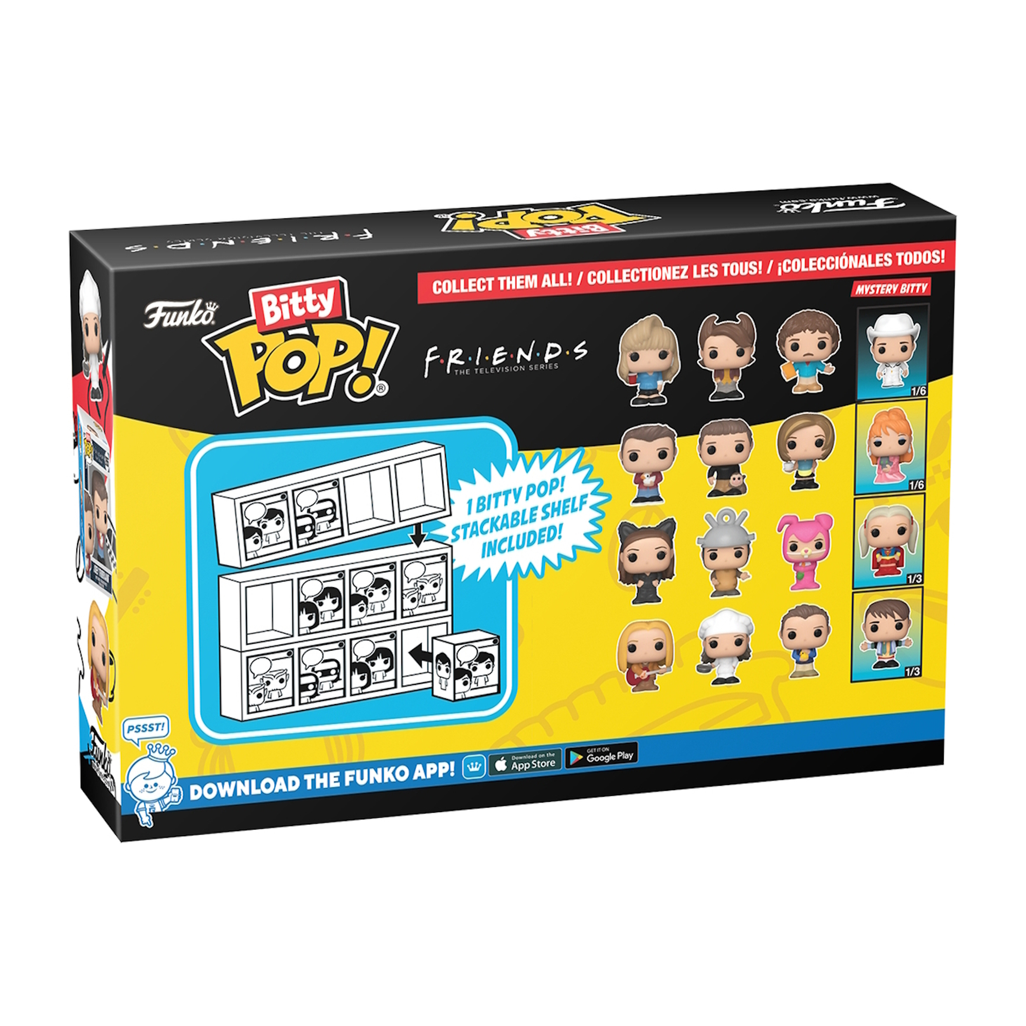Die Rückseite einer Funko Bitty Pop! Friends Box. Es zeigt die Regalpräsentation und eine Liste der Charaktere.