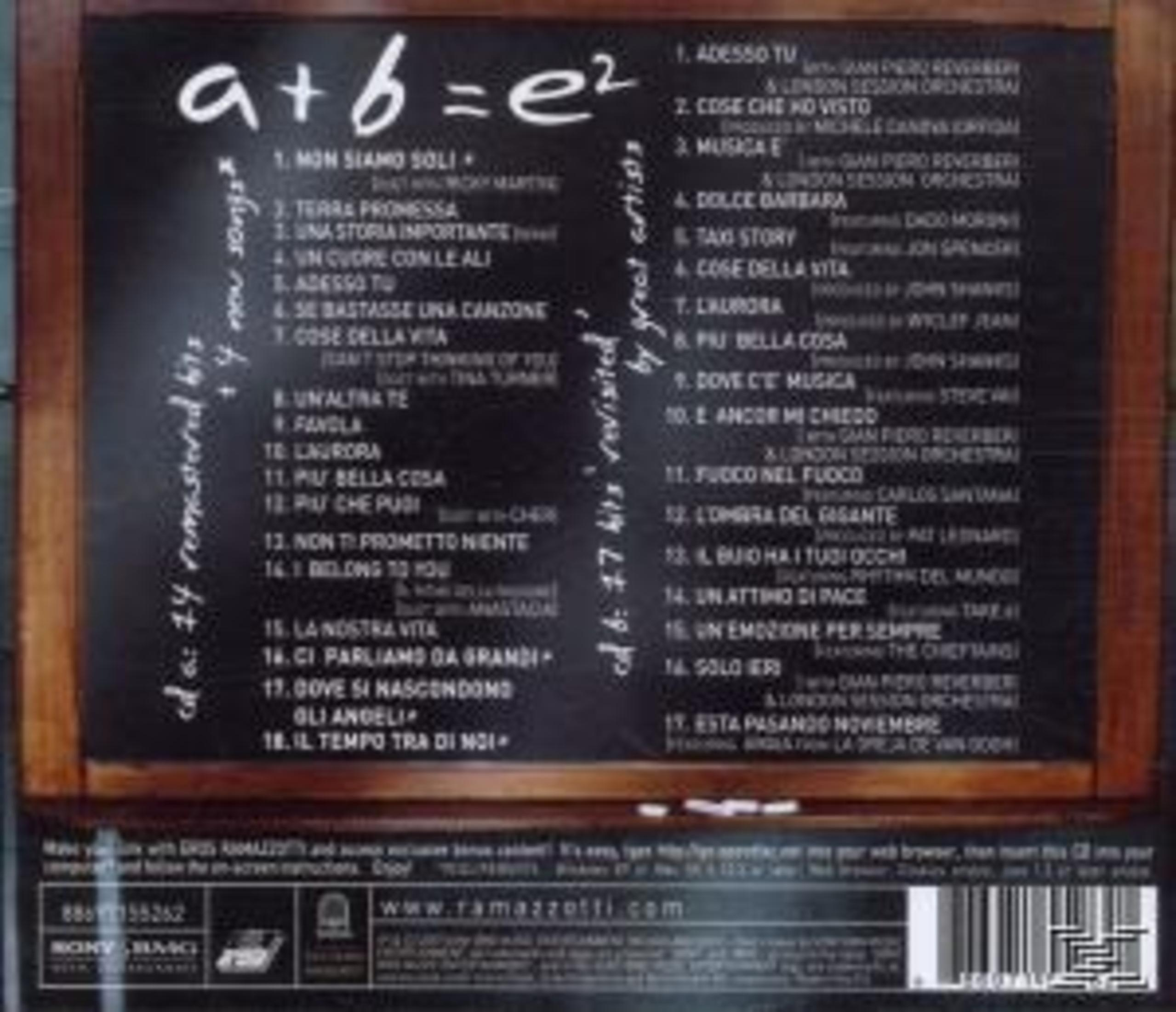 Retro copertina dell'album con tracklist, "a+b=e2", con successi rimasterizzati ed inediti di Eros Ramazzotti.