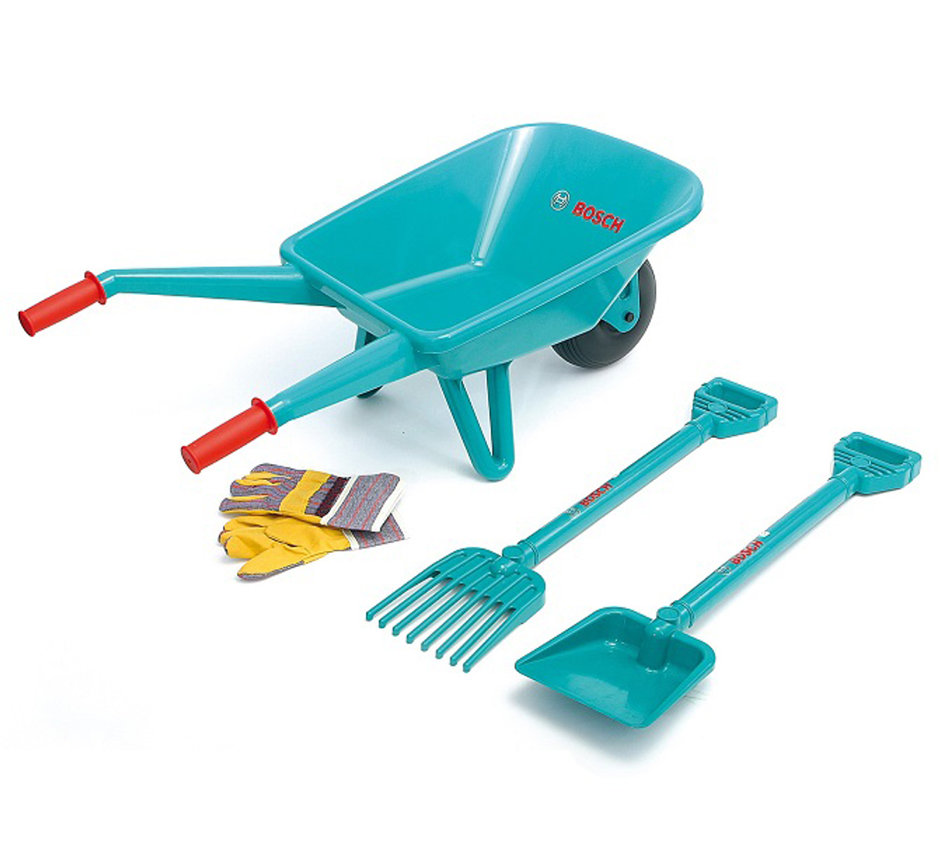 Zabawkowy zestaw ogrodniczy, w tym turkusowa taczka, grabie, łopata, rękawice i narzędzia, na białym tle.