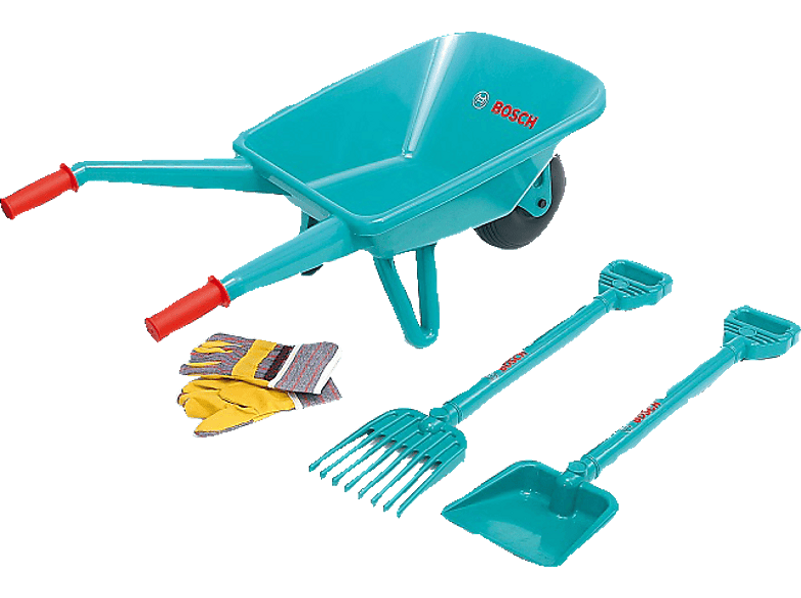 Turkusowa zabawka taczka, widły, łopata, rękawice ogrodnicze i białe tło.