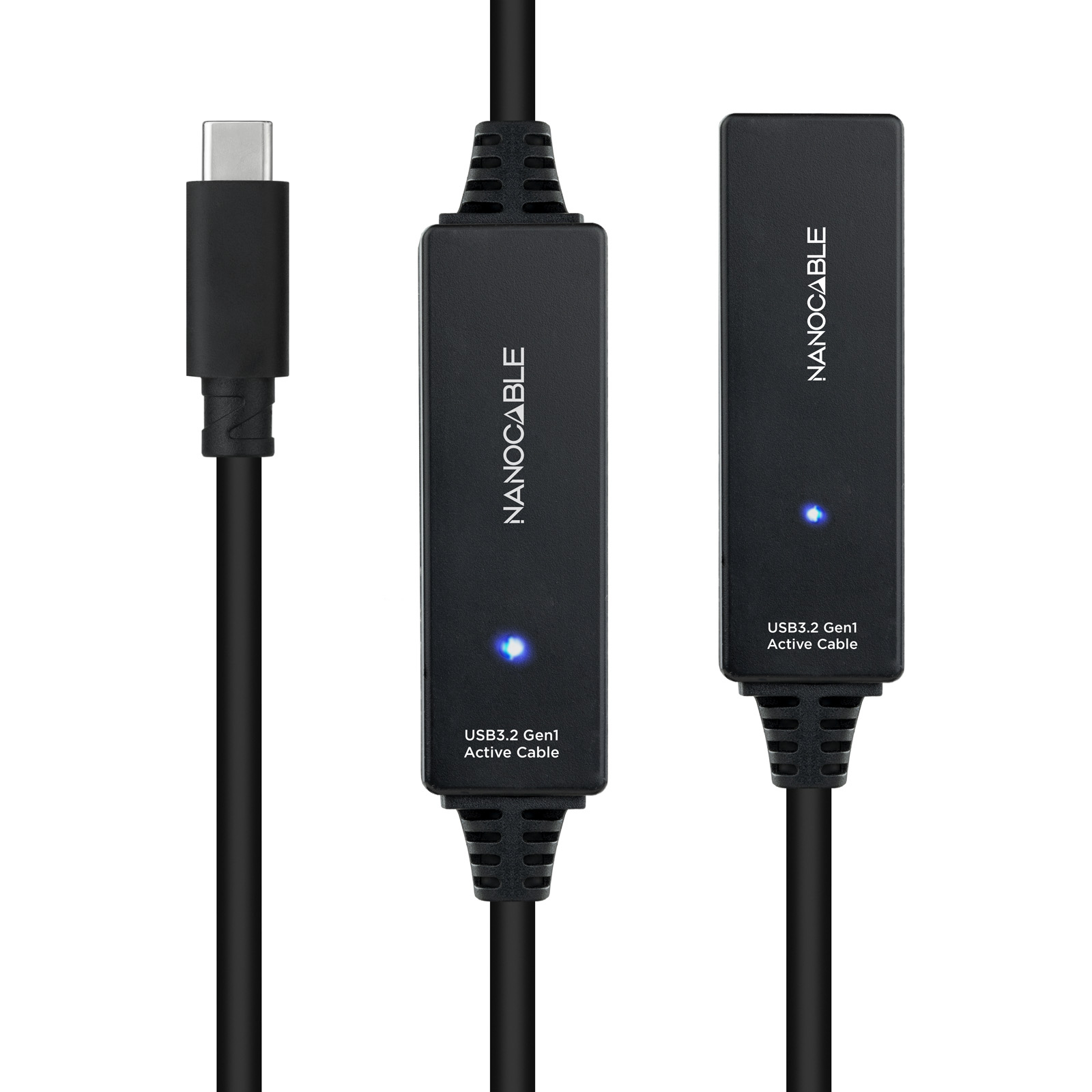 Zwarte USB-C-kabel met twee extenders. De kabel is opgerold en aangesloten.