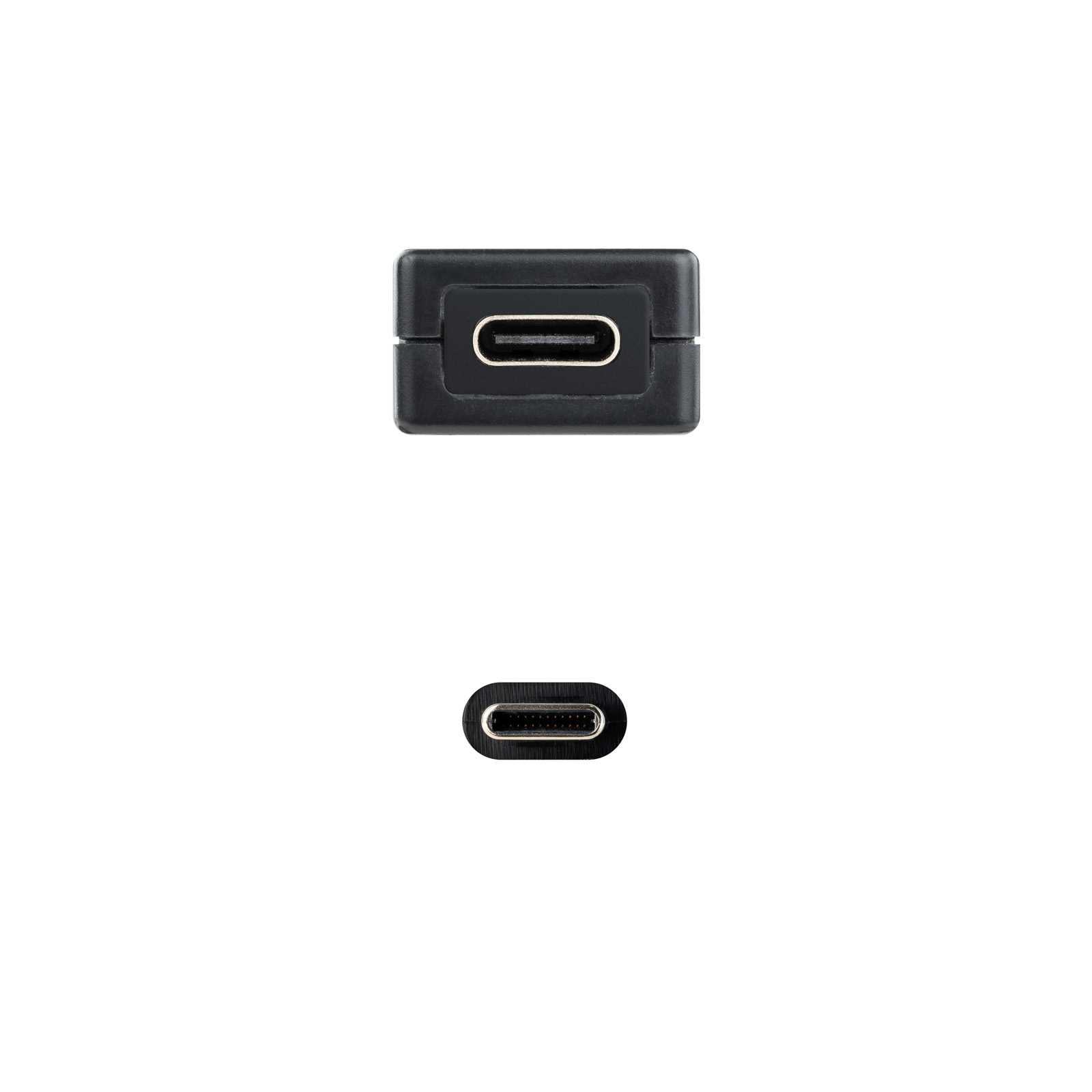 Close-up van twee zwarte USB-C-connectoren, één boven, één beneden, op een witte achtergrond.