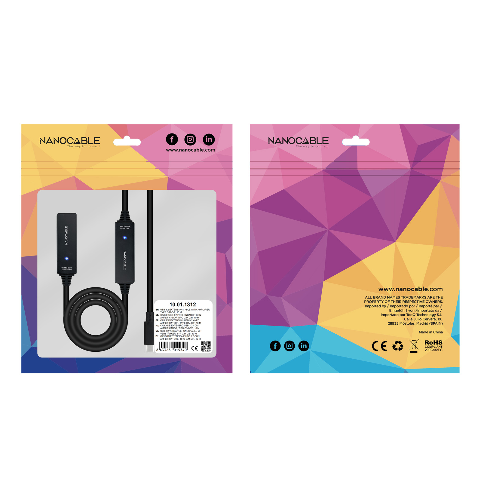 Verpakking met twee USB-C extenders erin, met branding en productinformatie.