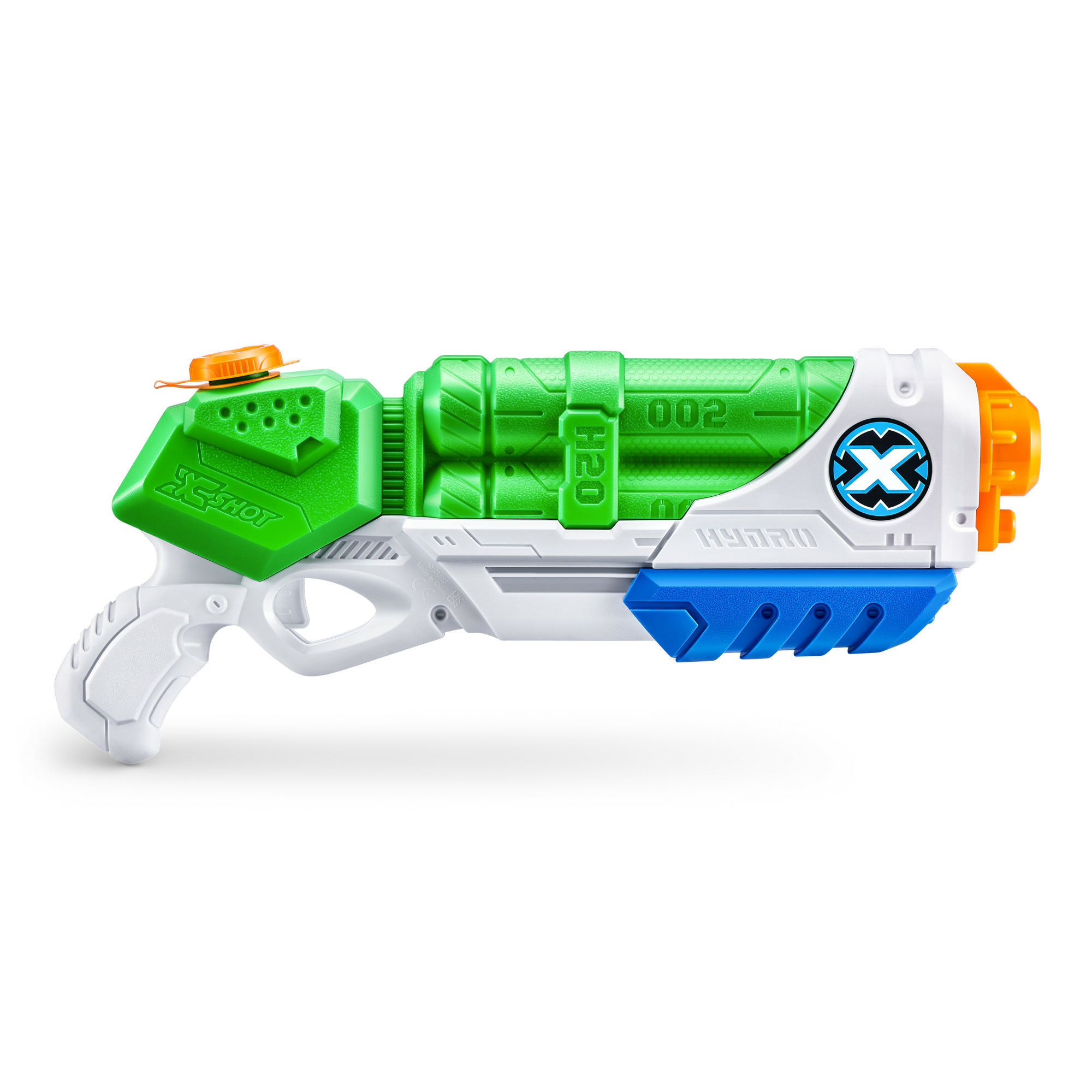 Una pistola de agua verde, blanca y azul, con la palabra "Hydra" y "X-Shot" escrita.