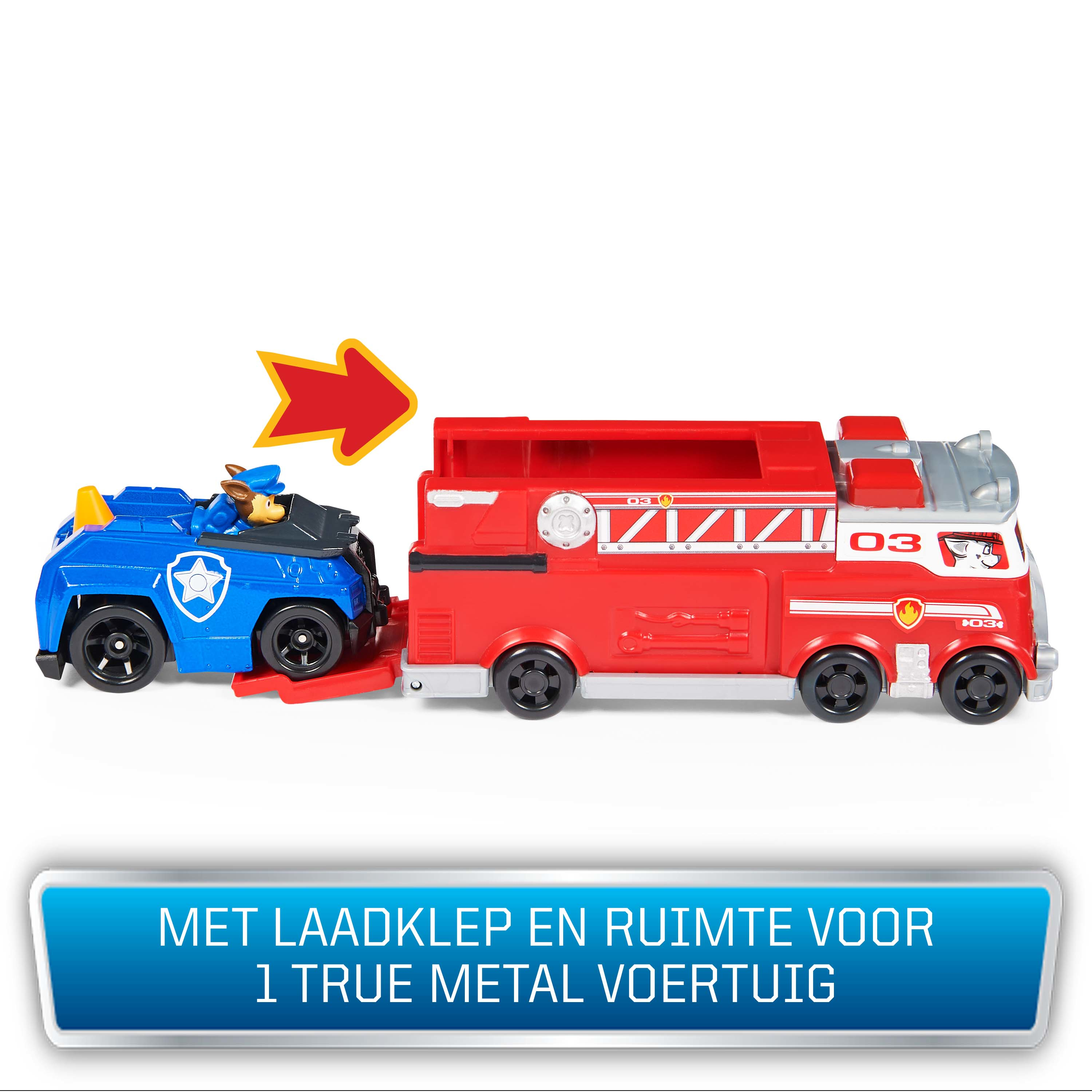 Set de juguetes Paw Patrol con camión de bomberos rojo y coche de policía azul. Texto: 'MET LAADKLEP... VOERTUIG'.