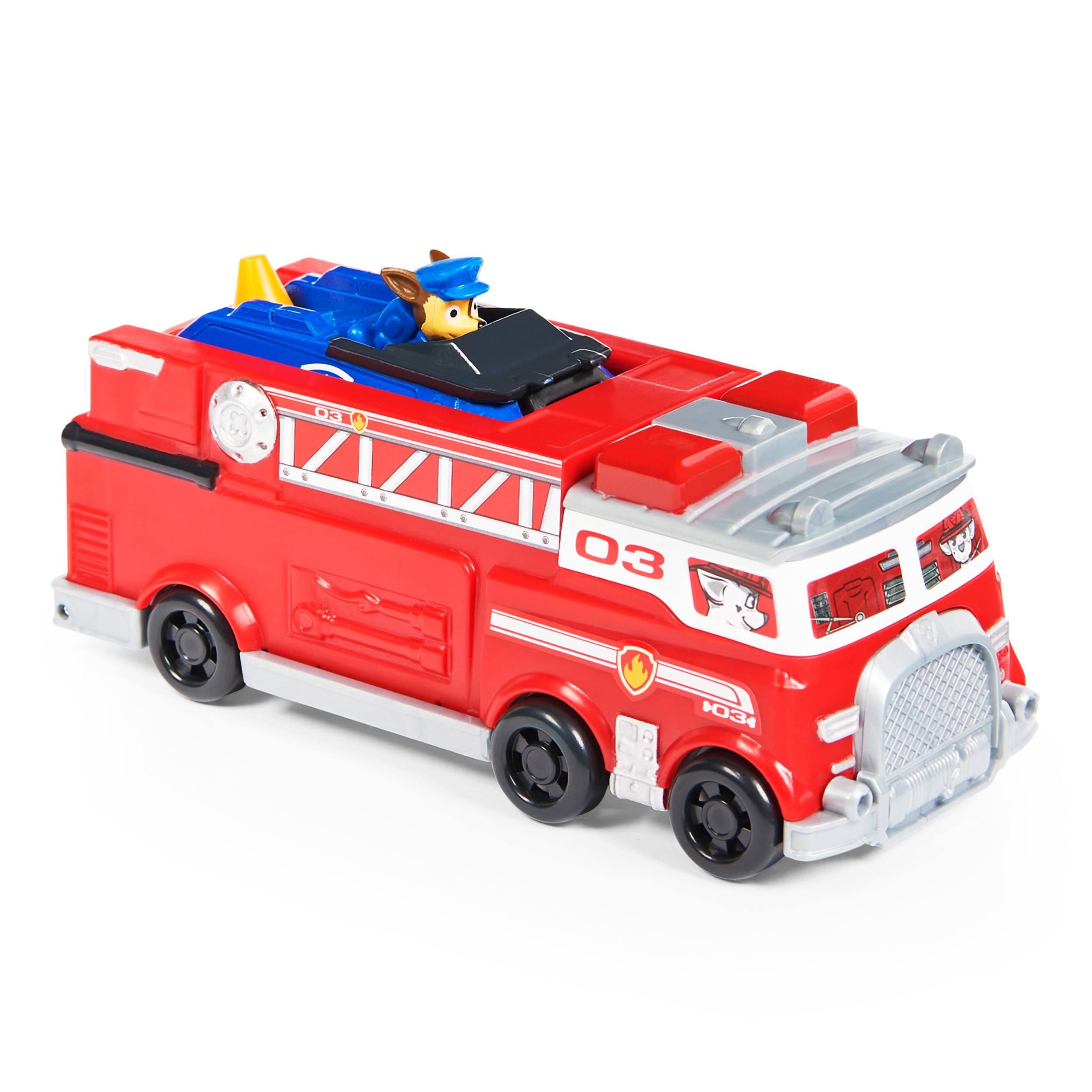 Camión de bomberos rojo de juguete con un personaje de perro en el asiento del conductor. Detalles blancos y grises.