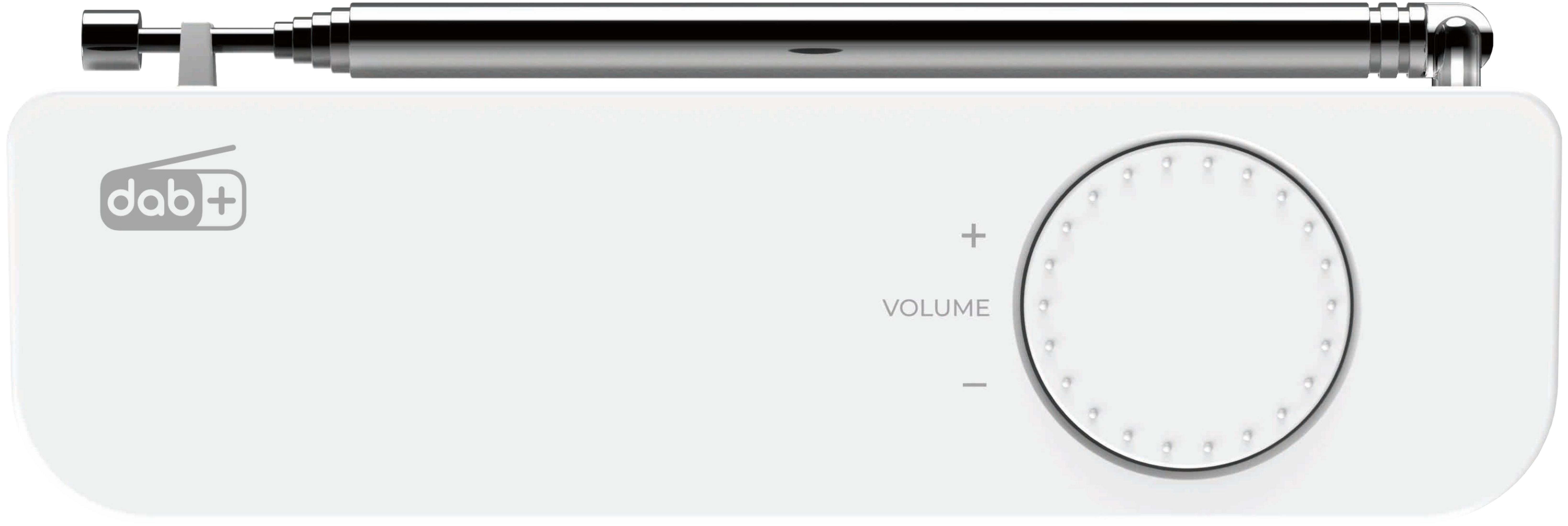 Białe radio DAB z pokrętłem głośności i anteną. Logo DAB+.