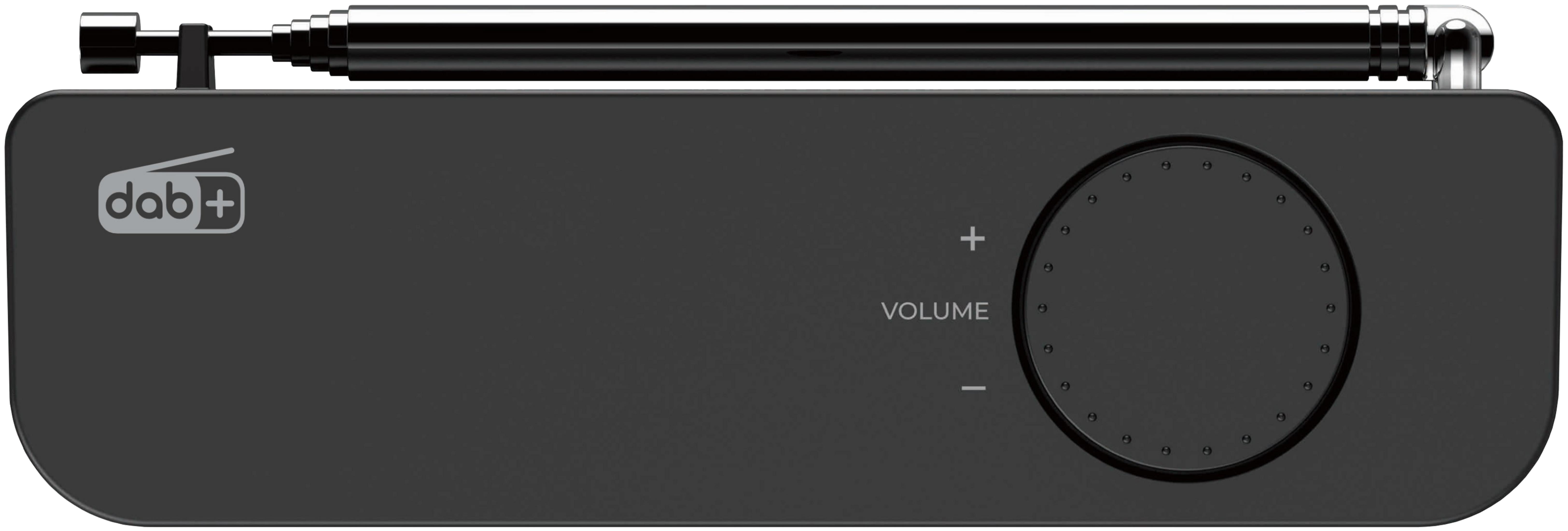 Czarne radio DAB+. Posiada pokrętło głośności, antenę i wyświetla informacje o aktualnej stacji.