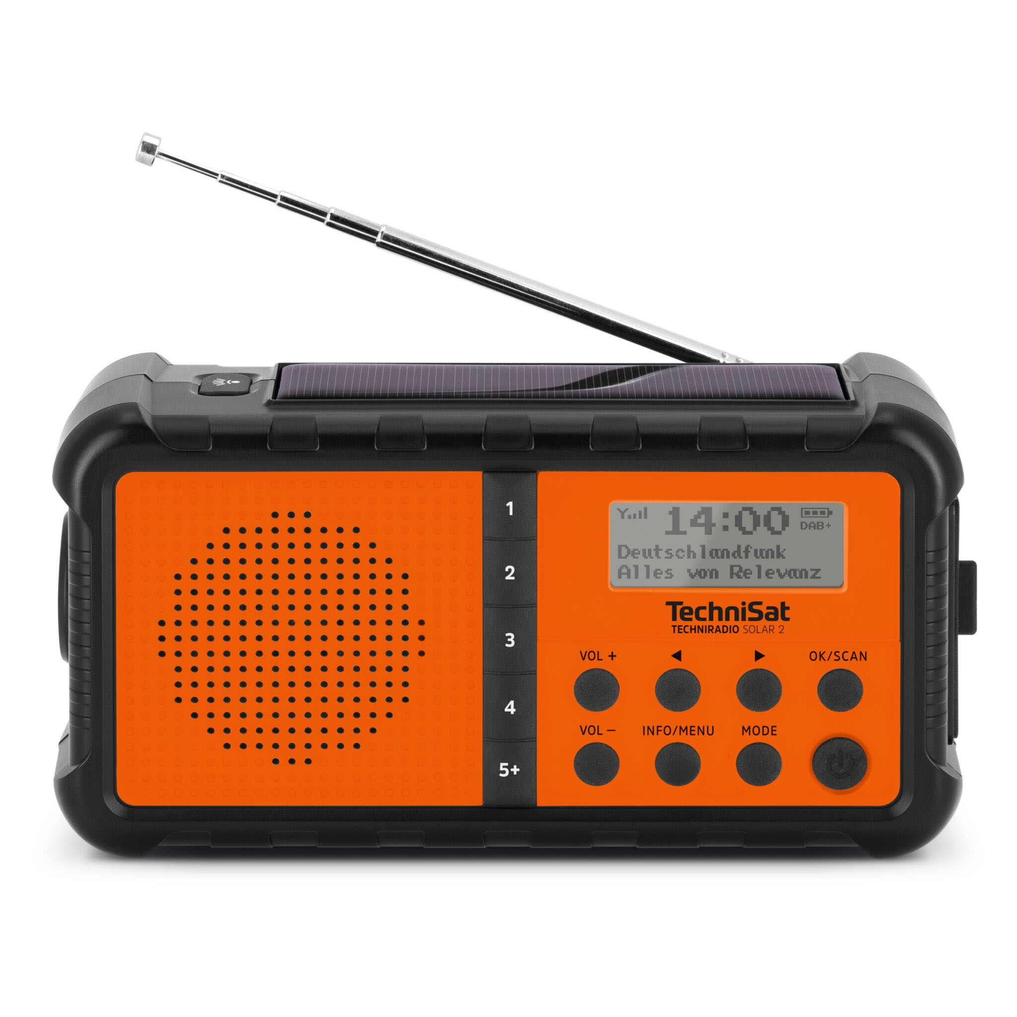 Pomarańczowo-czarne radio TechniSat z ekranem i przyciskami. Panel słoneczny na górze.