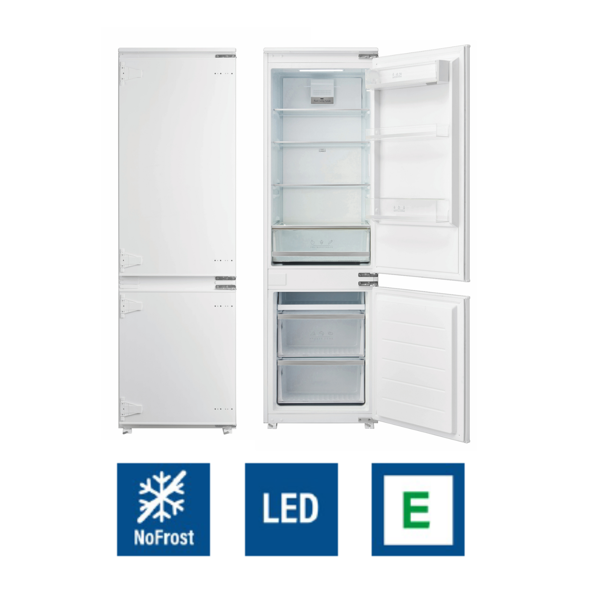 Refrigerador blanco con puertas abiertas. Símbolos NoFrost, LED y E abajo.