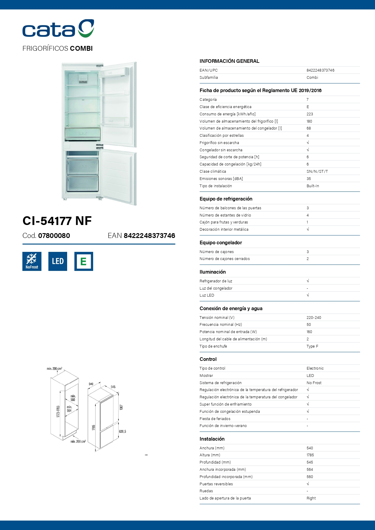 Ficha técnica detallada con dimensiones, características y especificaciones de un frigorífico Cata CI-54177 NF.