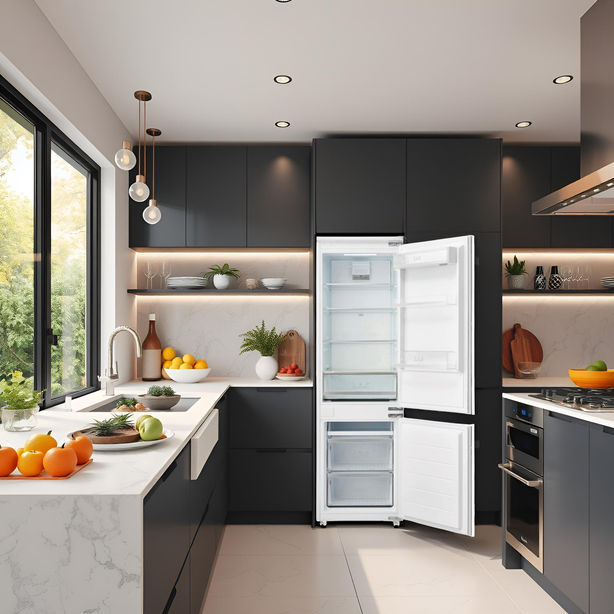 Una cocina moderna con armarios negros, encimera blanca y un frigorífico con las puertas abiertas.