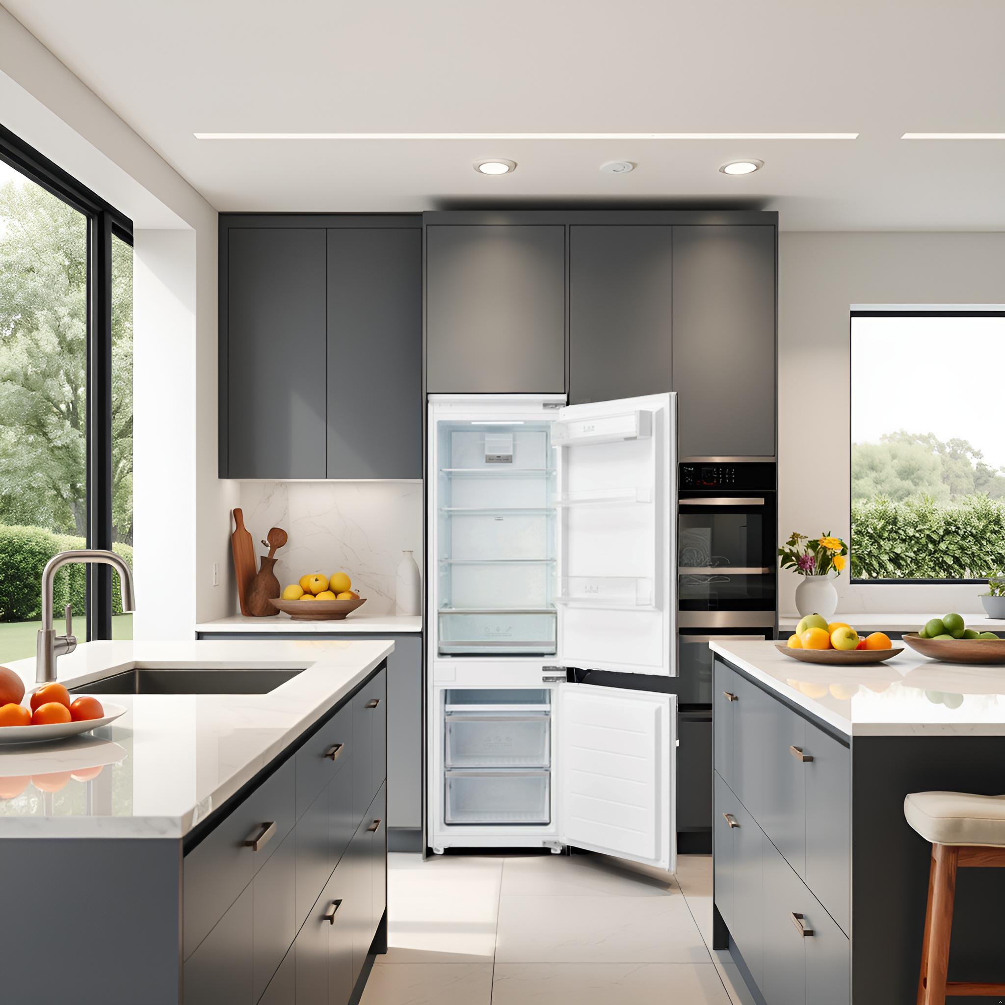 Cocina moderna con refrigerador blanco abierto. Gabinetes e isla gris oscuro. Frutas.