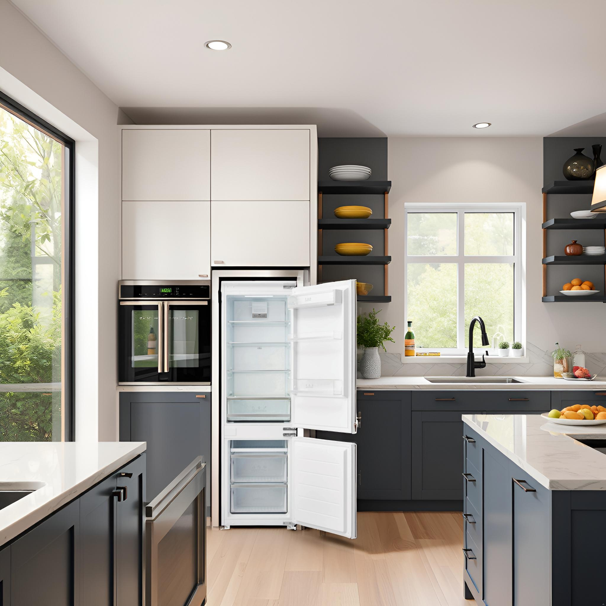 Interior de cocina con refrigerador abierto, con comida dentro.