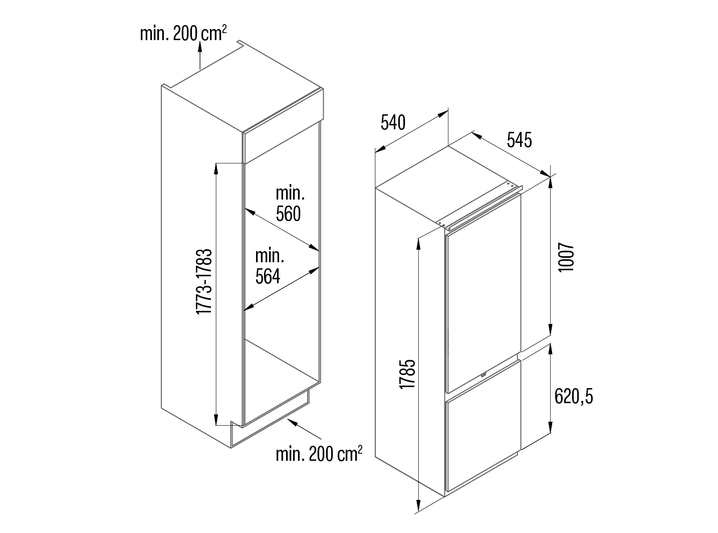 Vista isométrica de un refrigerador con dimensiones indicadas.