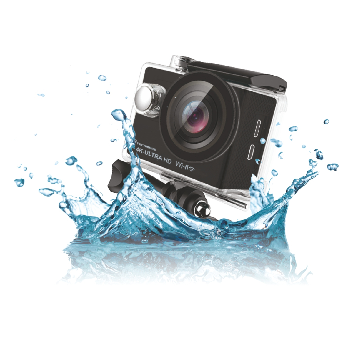 Schwarze Action-Kamera, umgeben von spritzendem Wasser, erzeugt einen dynamischen Effekt. Weißer Hintergrund.