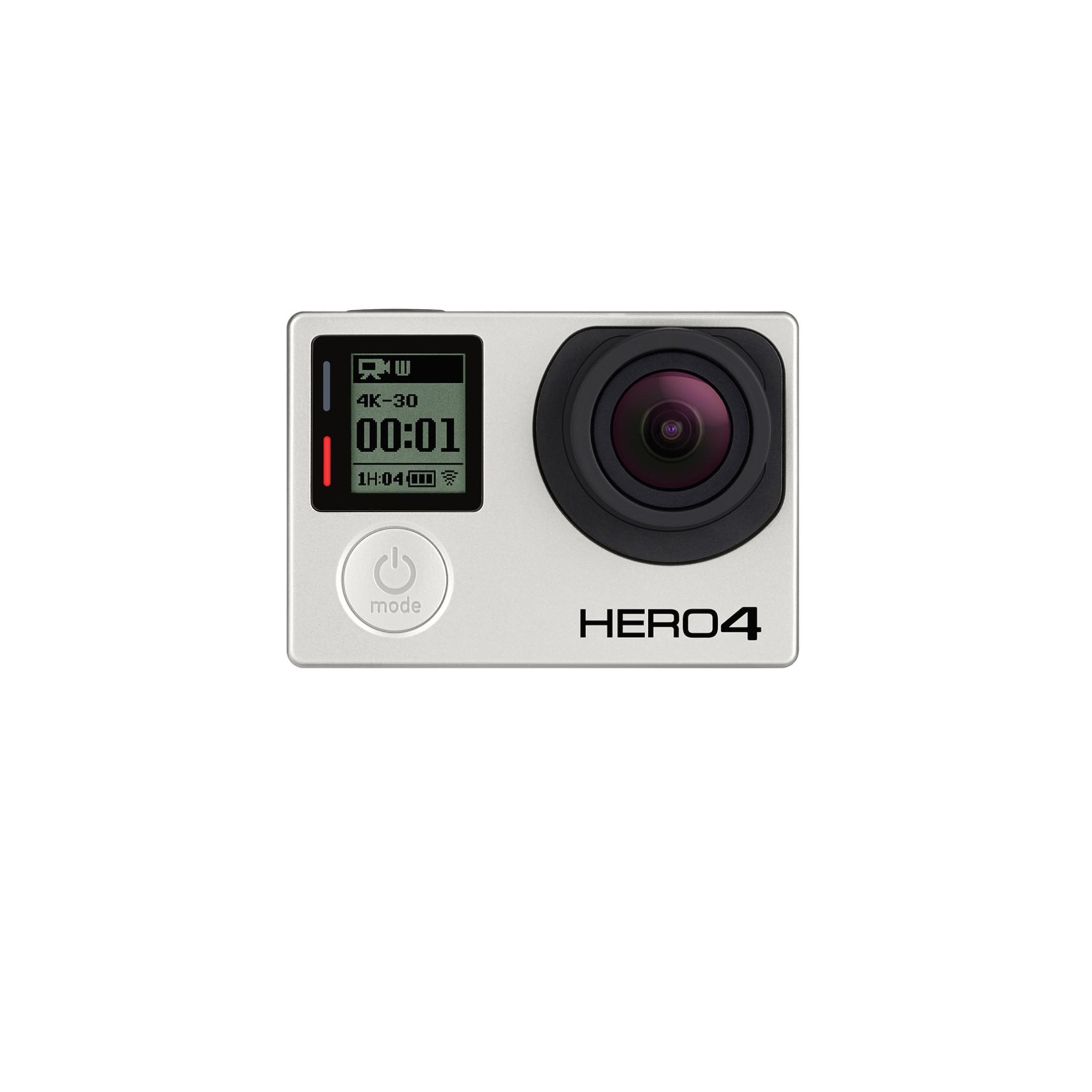 Weiße GoPro Hero4 Kamera. Schwarze Linse. Bildschirm zeigt Zeit und Einstellungen.