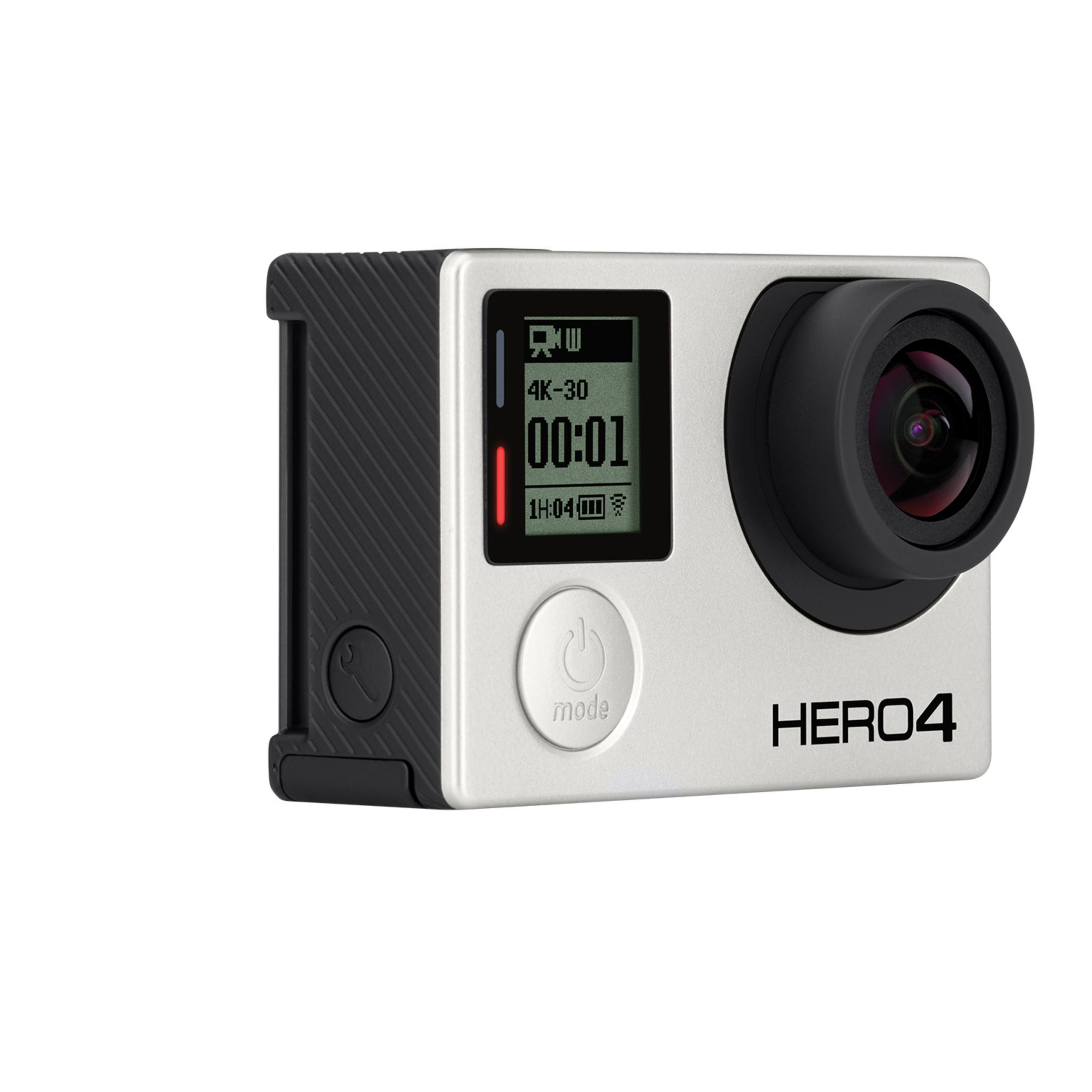 Silberne GoPro Hero4 Kamera mit schwarzen Details. Der Bildschirm zeigt die Aufnahmezeit an.