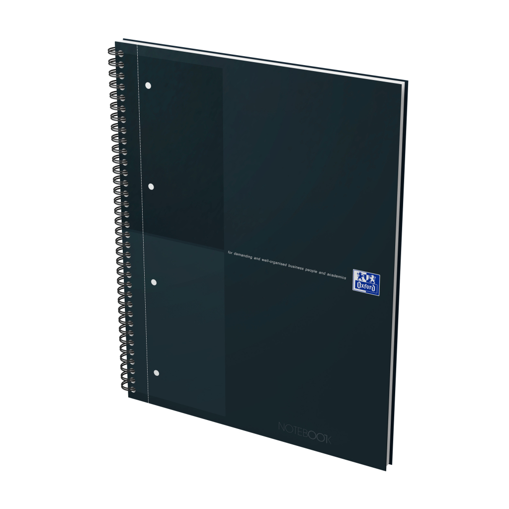 Czarny notatnik w spirali, z ciemnoniebieską okładką i napisem 'NOTEBOOK'.