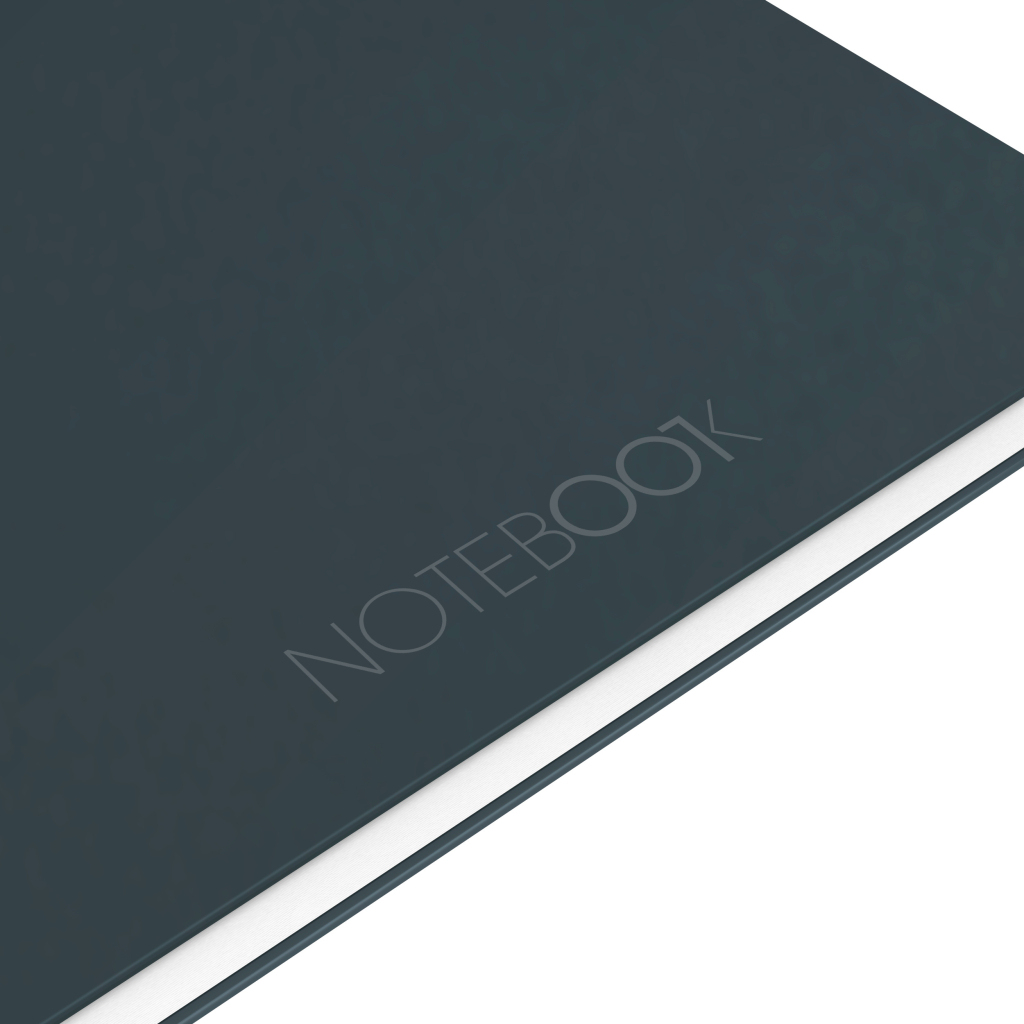 Ciemny notatnik, wytłoczony napisem 'NOTEBOOK'.