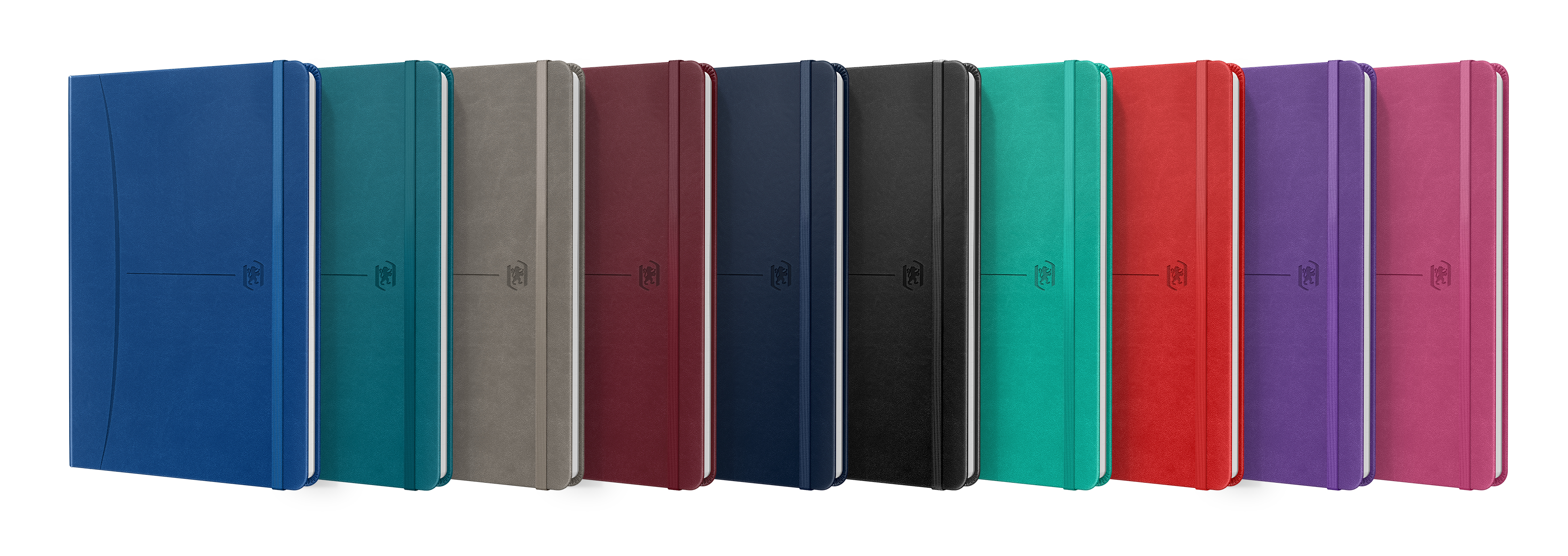 Rząd notatników w różnych kolorach.