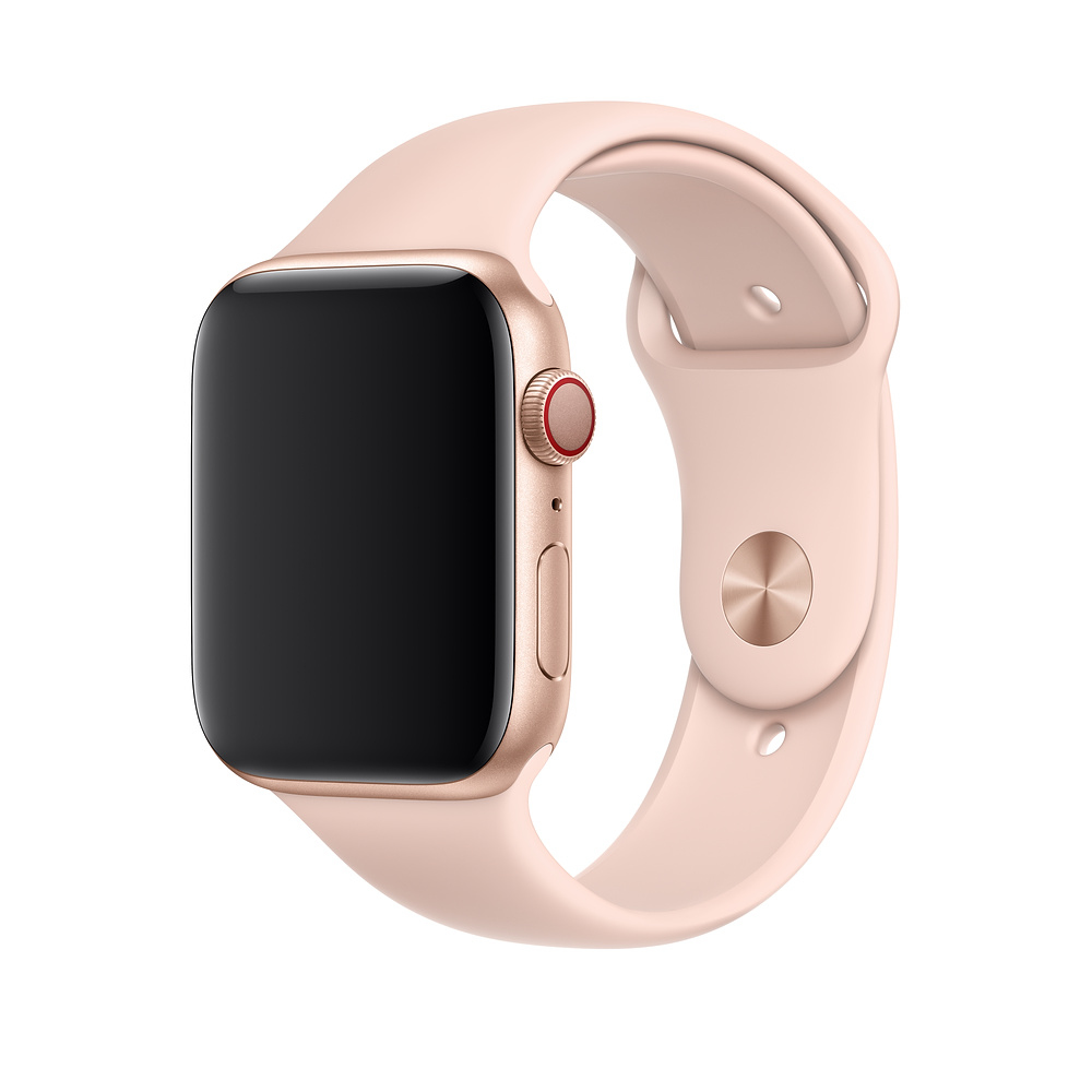 Apple Watch oro rosa con cinturino rosa, schermo nero e corona digitale rossa.