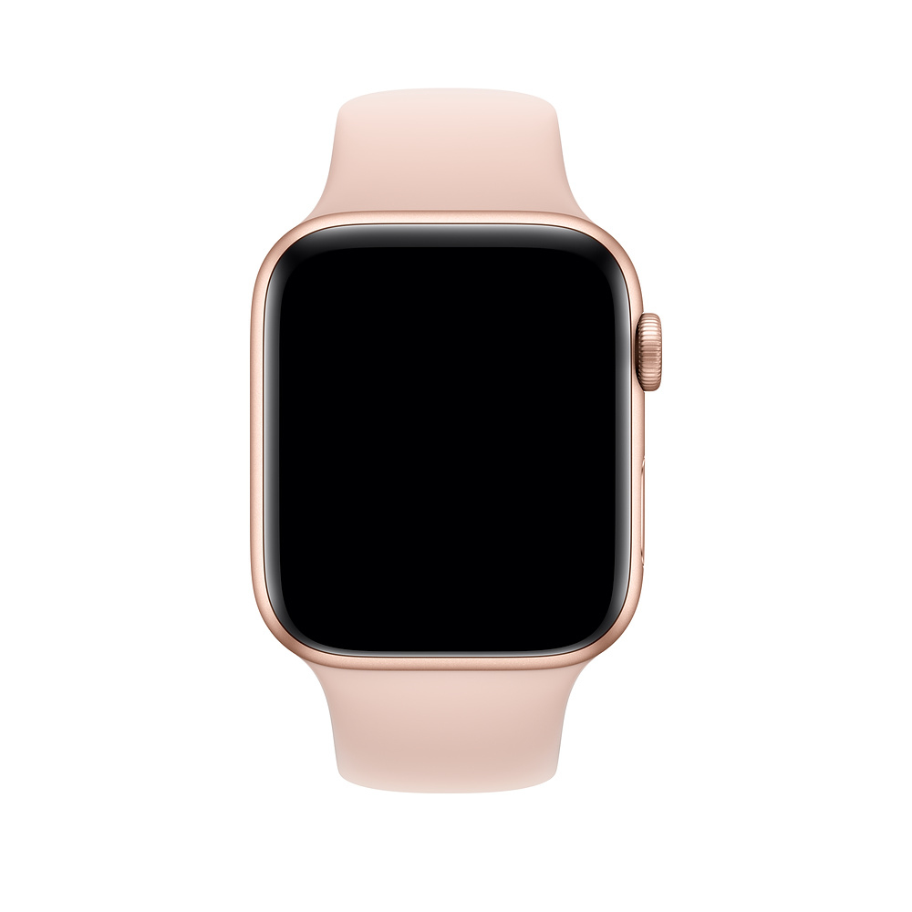 Smartwatch oro rosa con schermo nero vuoto e cinturino abbinato.