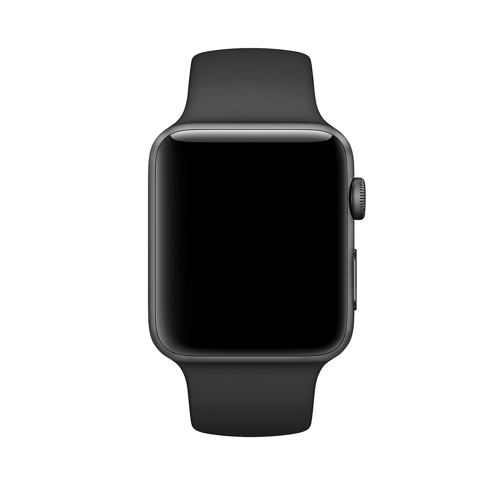 Apple Watch nero, lo schermo è nero. Il cinturino è nero e il pulsante laterale è visibile.
